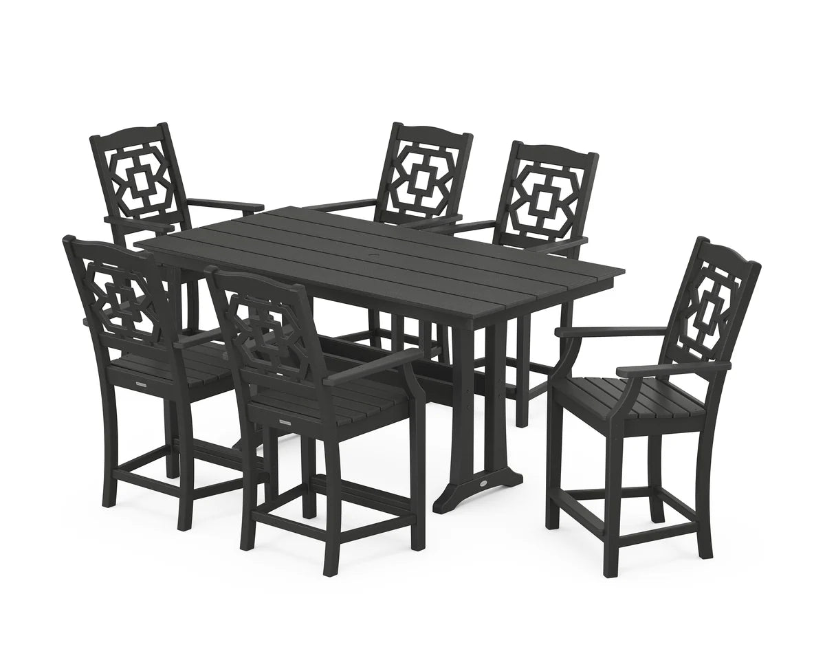 Chinoiserie Arm Chair 7-Piece Farmhouse Counter Set with Trestle Legs