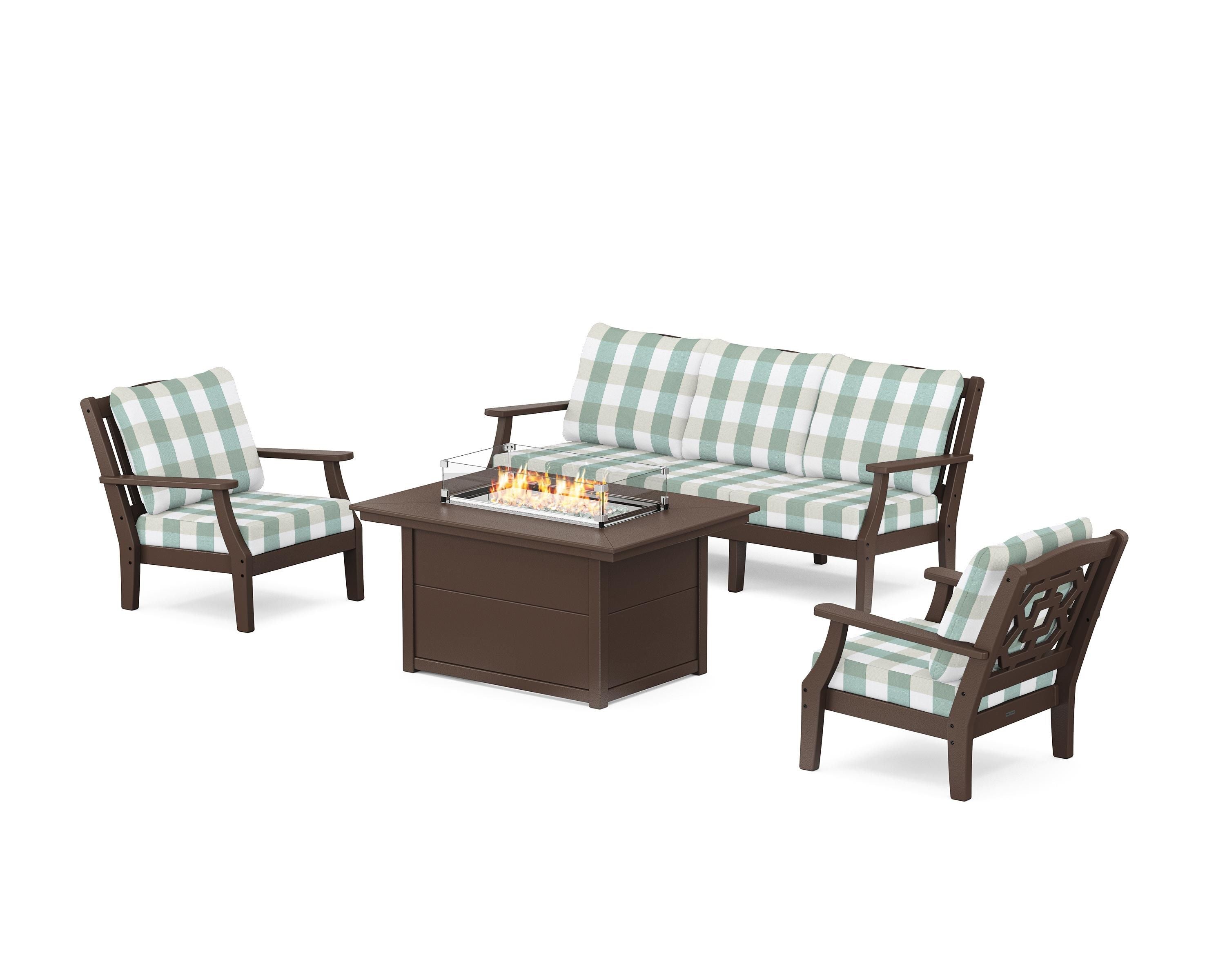 Martha Stewart by POLYWOOD® Chinoiserie Deep Seating Fire Pit Table Set in Mahogany / Buffalo Plaid Glacier Spa
