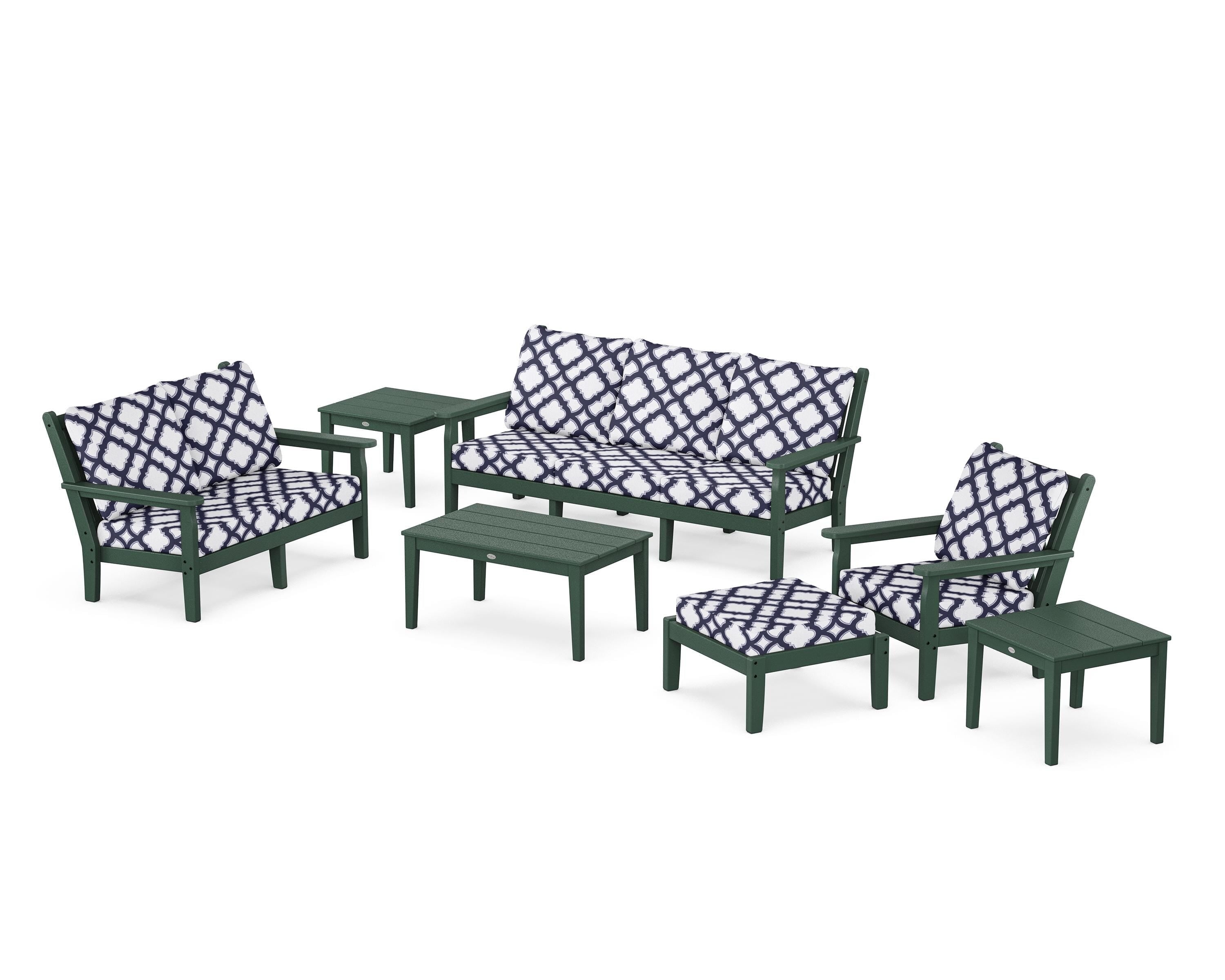 POLYWOOD® Chippendale 7-Piece Deep Seating Set in Green / Trellis Navy