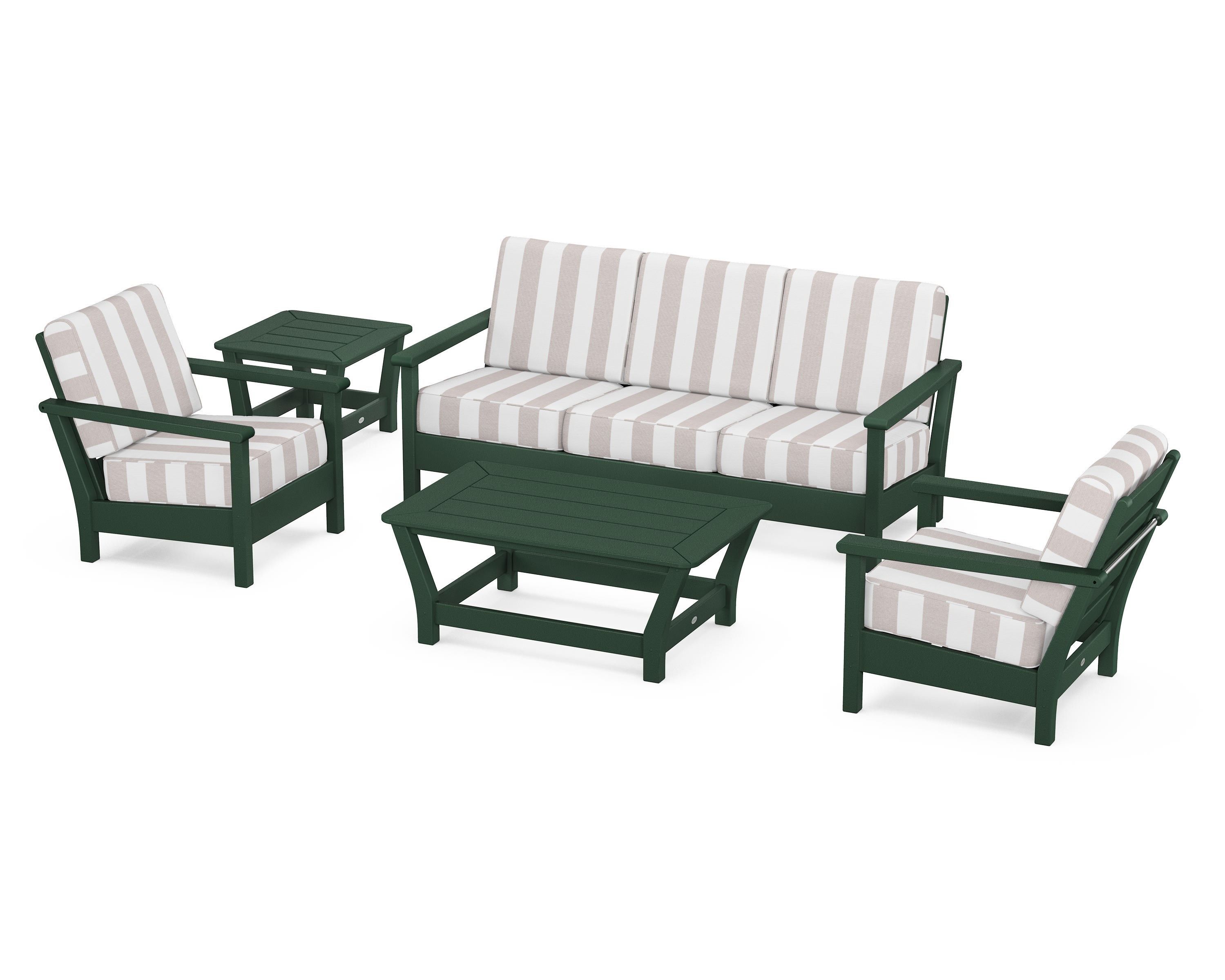 POLYWOOD® Harbour 5-Piece Deep Seating Set in Green / Cabana Stripe Dune Burlap