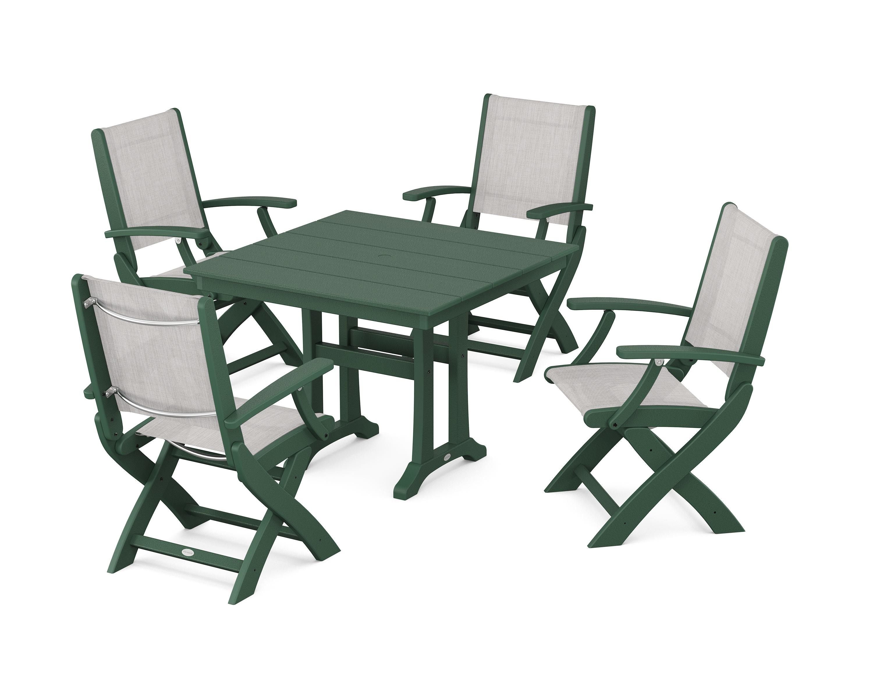 POLYWOOD® Coastal Folding Chair 5-Piece Farmhouse Dining Set With Trestle Legs in Green / Parchment Sling