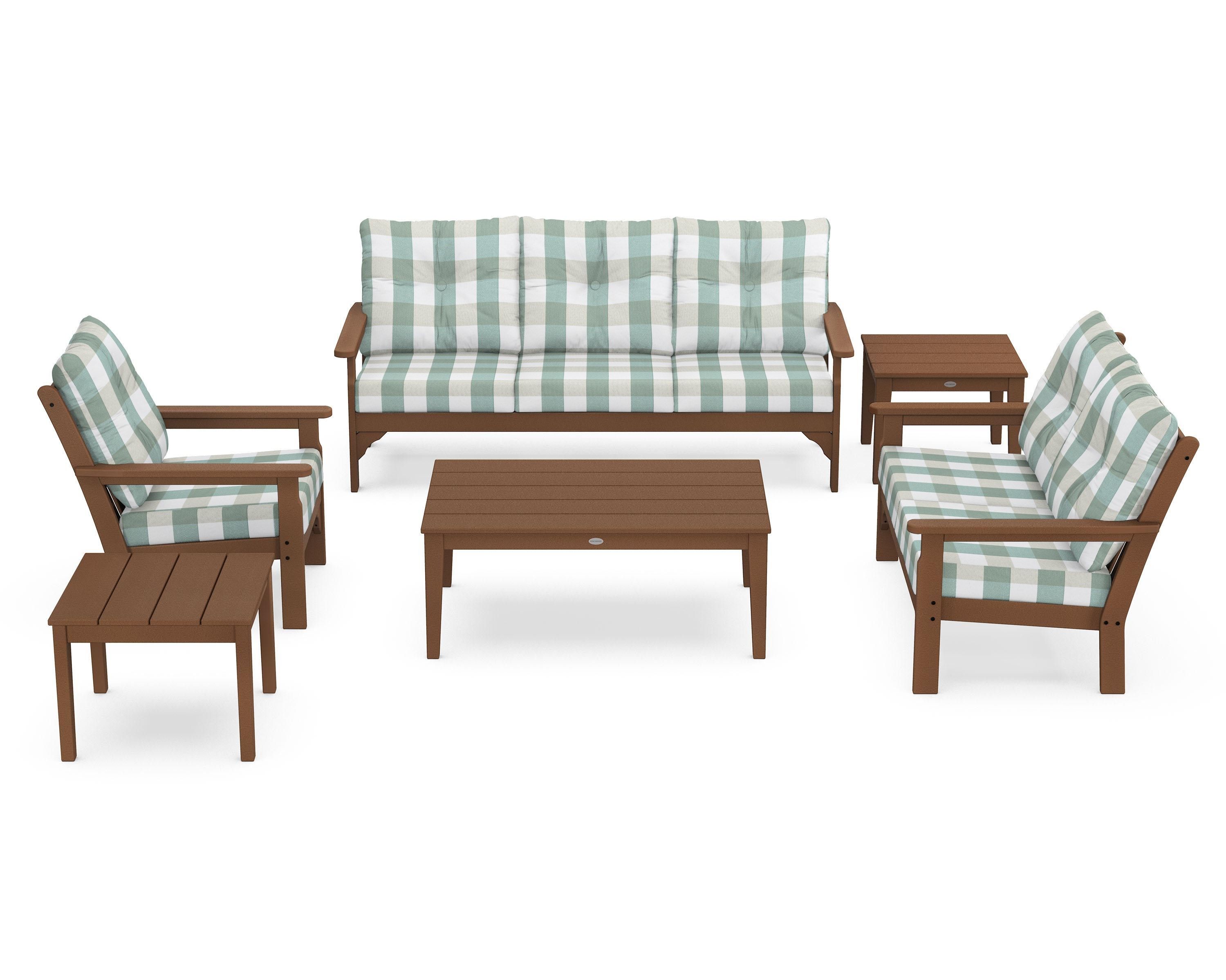 POLYWOOD® Vineyard 6-Piece Deep Seating Set in Teak / Buffalo Plaid Glacier Spa