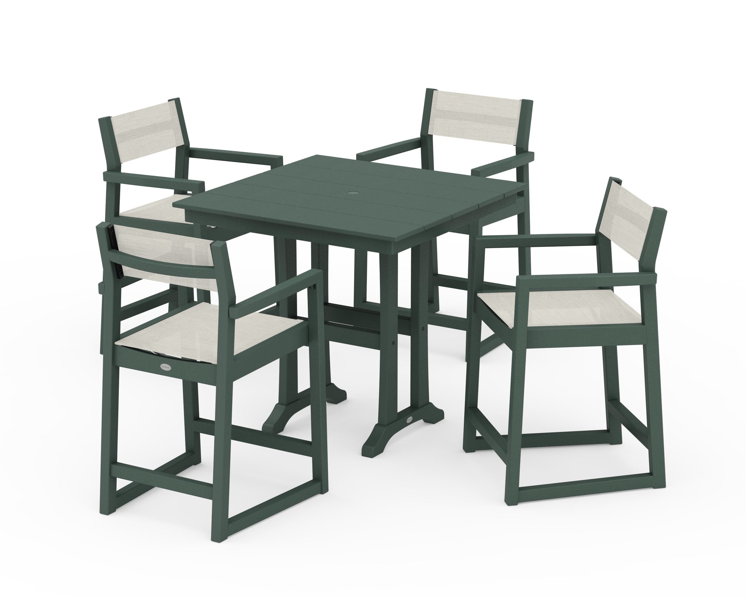 POLYWOOD® EDGE Sling Arm Chair 5-Piece Farmhouse Counter Set with Trestle Legs in Green / Parchment Sling