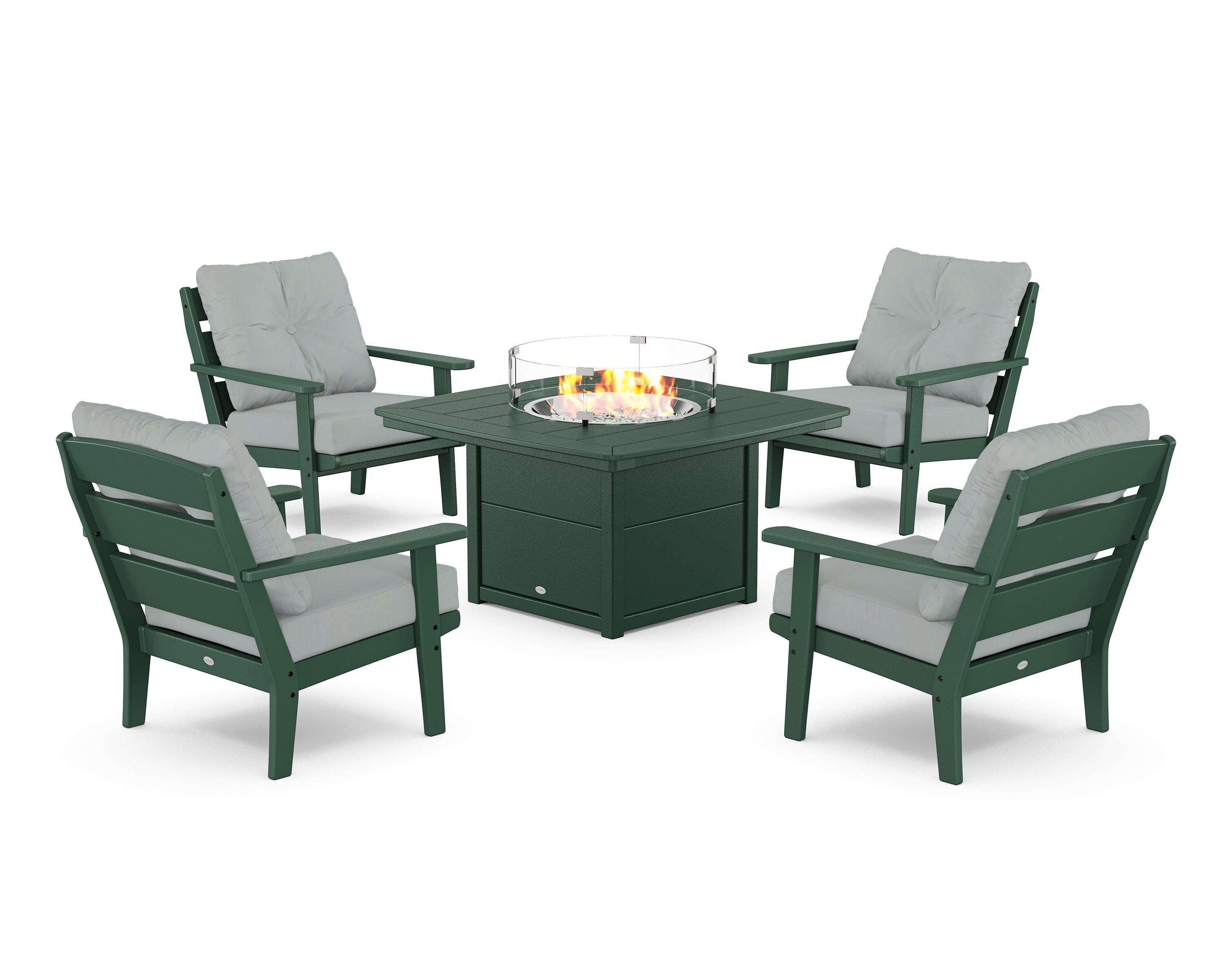 POLYWOOD® Lakeside 5-Piece Deep Seating Set with Nautical Fire Pit Table in Green / Spa