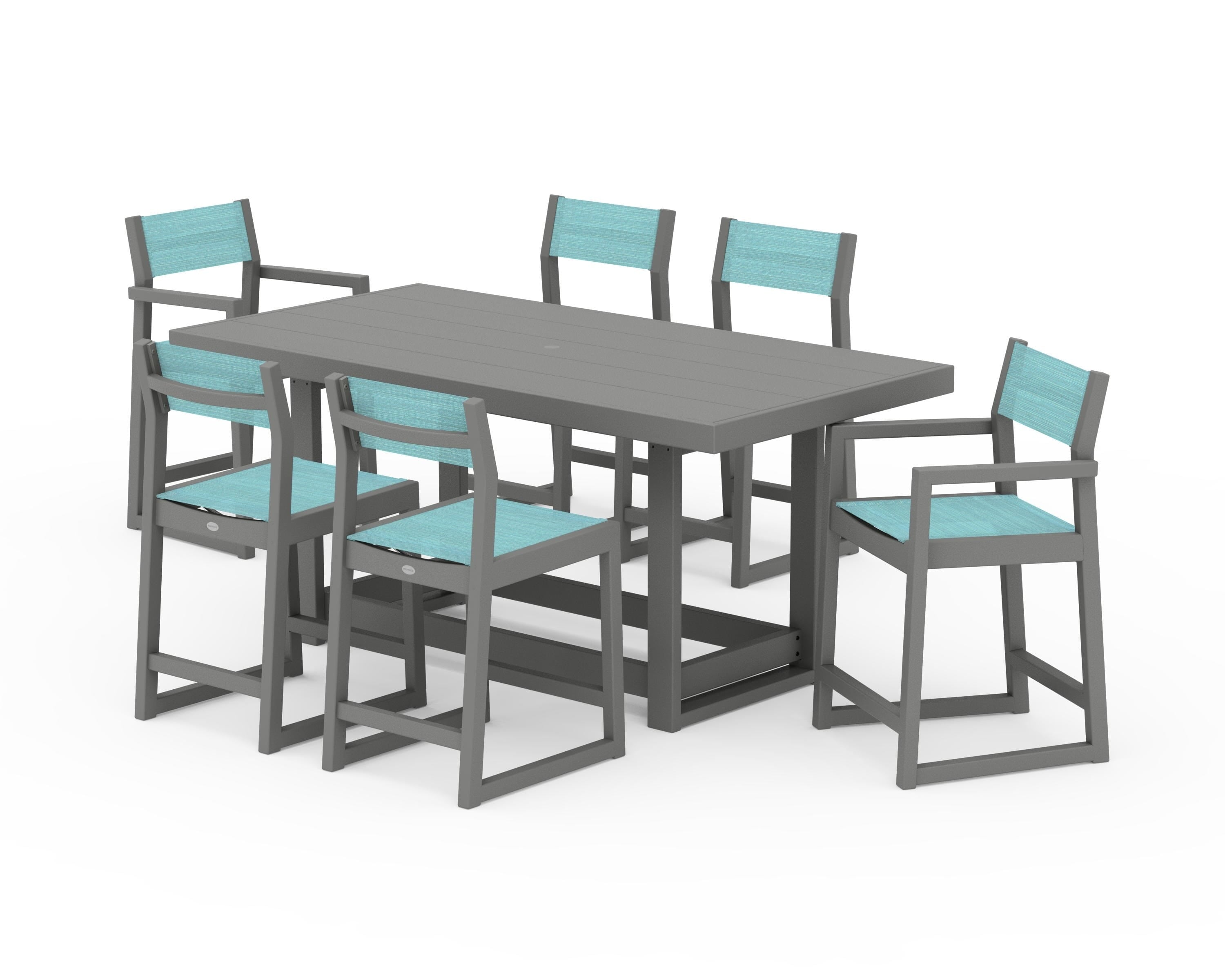 POLYWOOD® EDGE Sling 7-Piece Counter Table Set in Slate Grey / Dupioni Aquamarine Sling