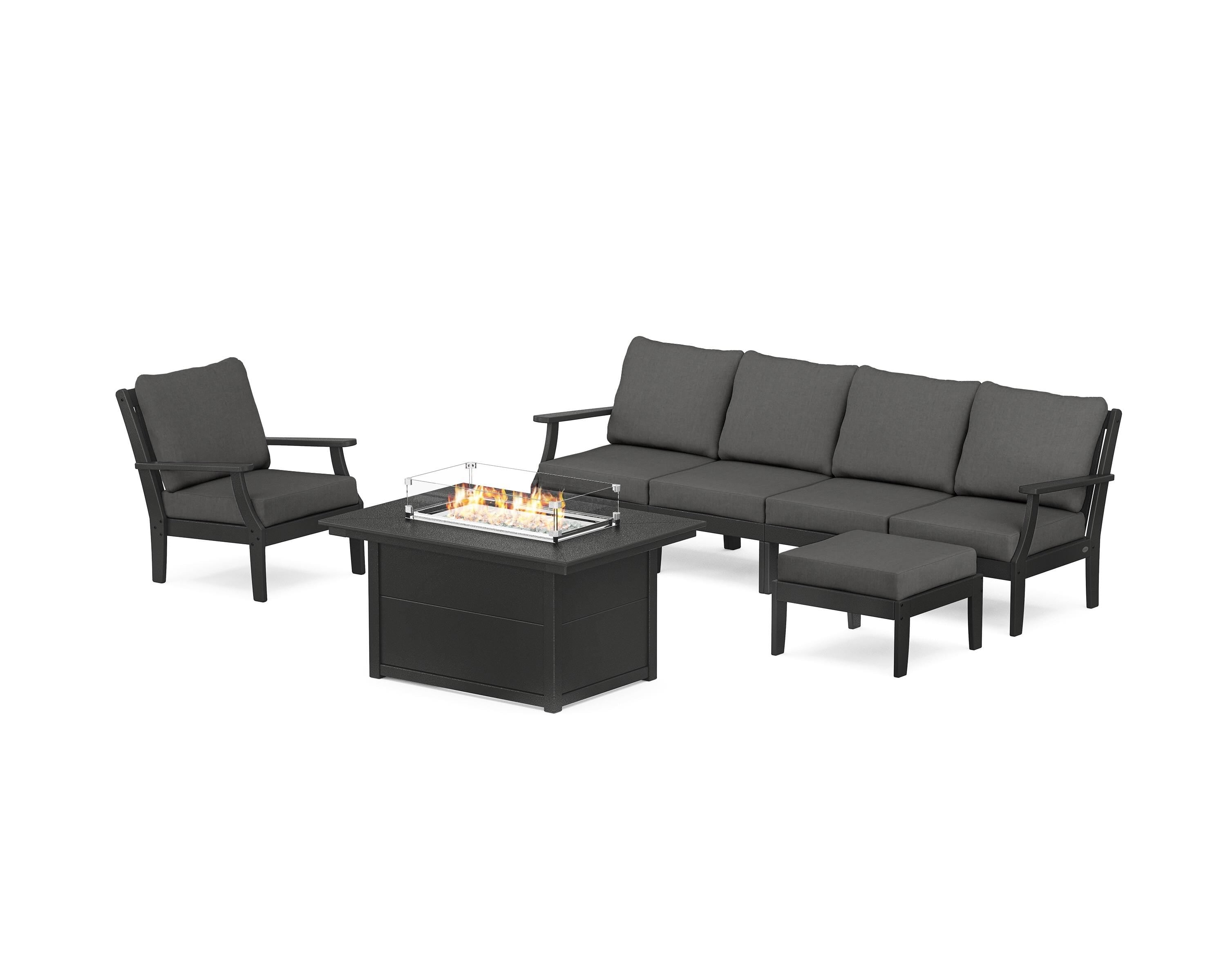POLYWOOD® Braxton Sectional Lounge and Fire Pit Set in Black / Spectrum Carbon