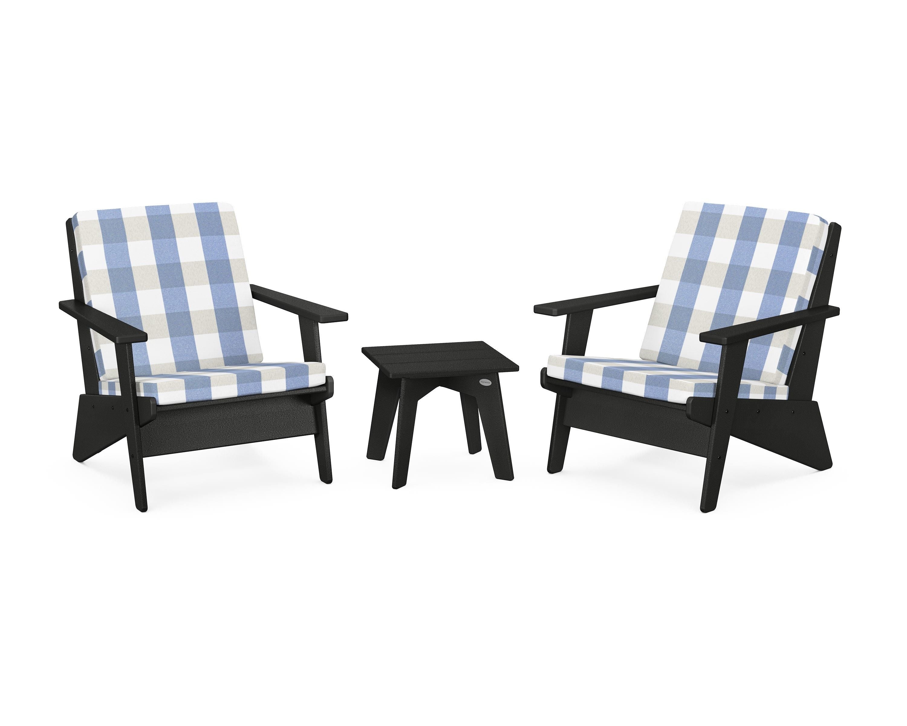 POLYWOOD® Riviera Modern Lounge 3-Piece Set in Black / Buffalo Plaid Sky Blue