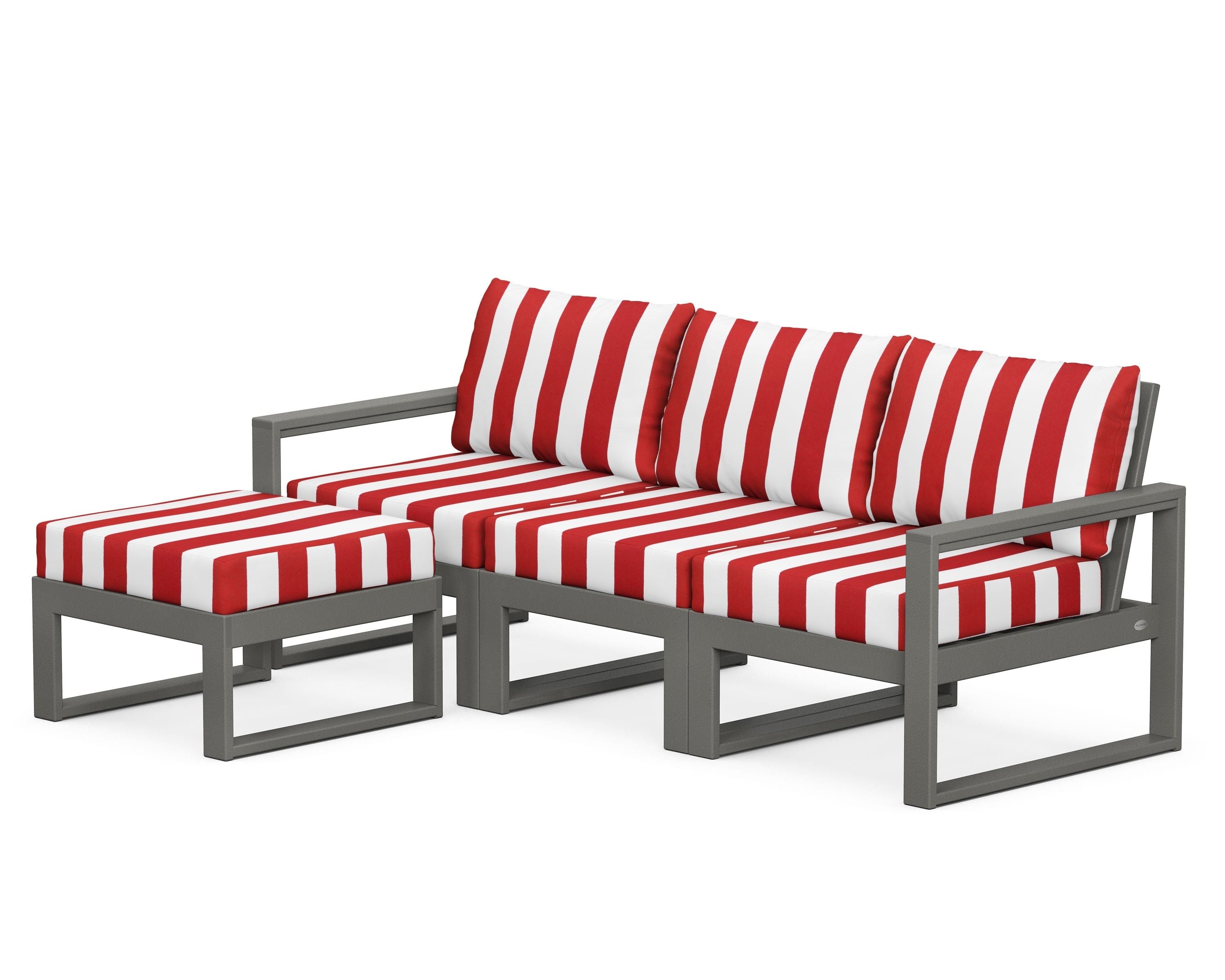 POLYWOOD® EDGE 4-Piece Modular Deep Seating Set with Ottoman in Slate Grey / Cabana Stripe Crimson