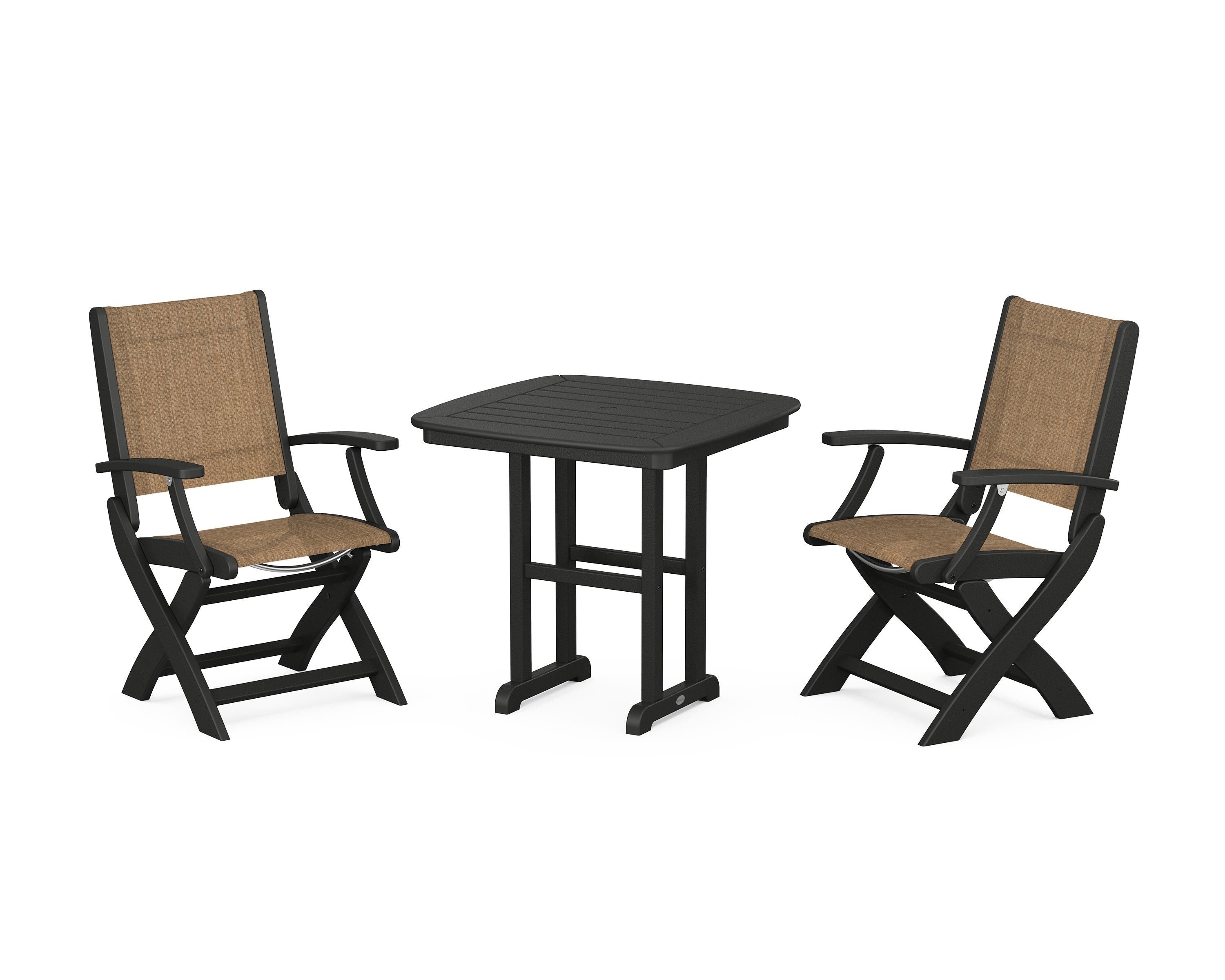 POLYWOOD® Coastal Folding Chair 3-Piece Dining Set in Black / Burlap Sling