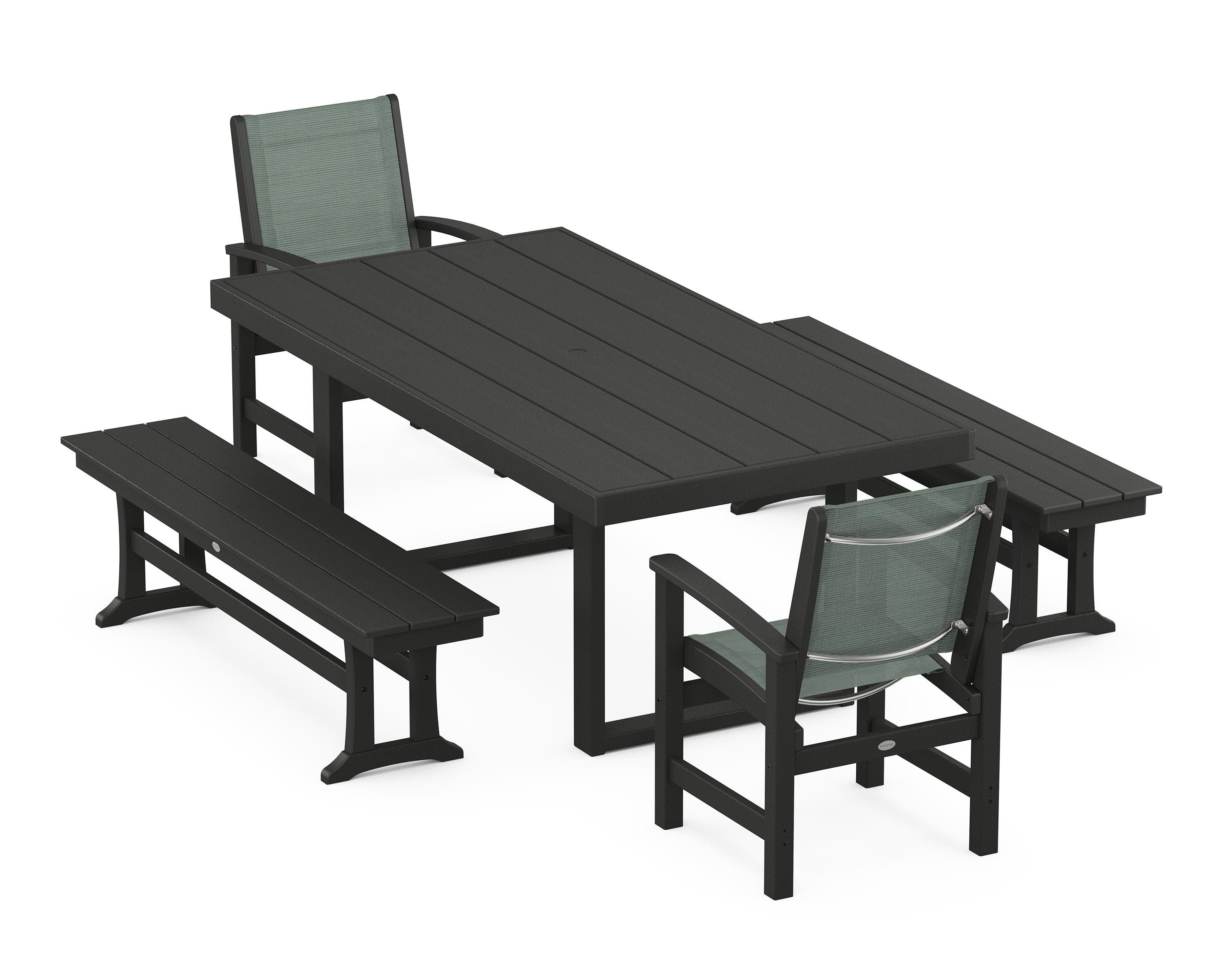 POLYWOOD® Coastal 5-Piece Dining Set with Trestle Legs in Black / Dupioni Sea Mist Sling