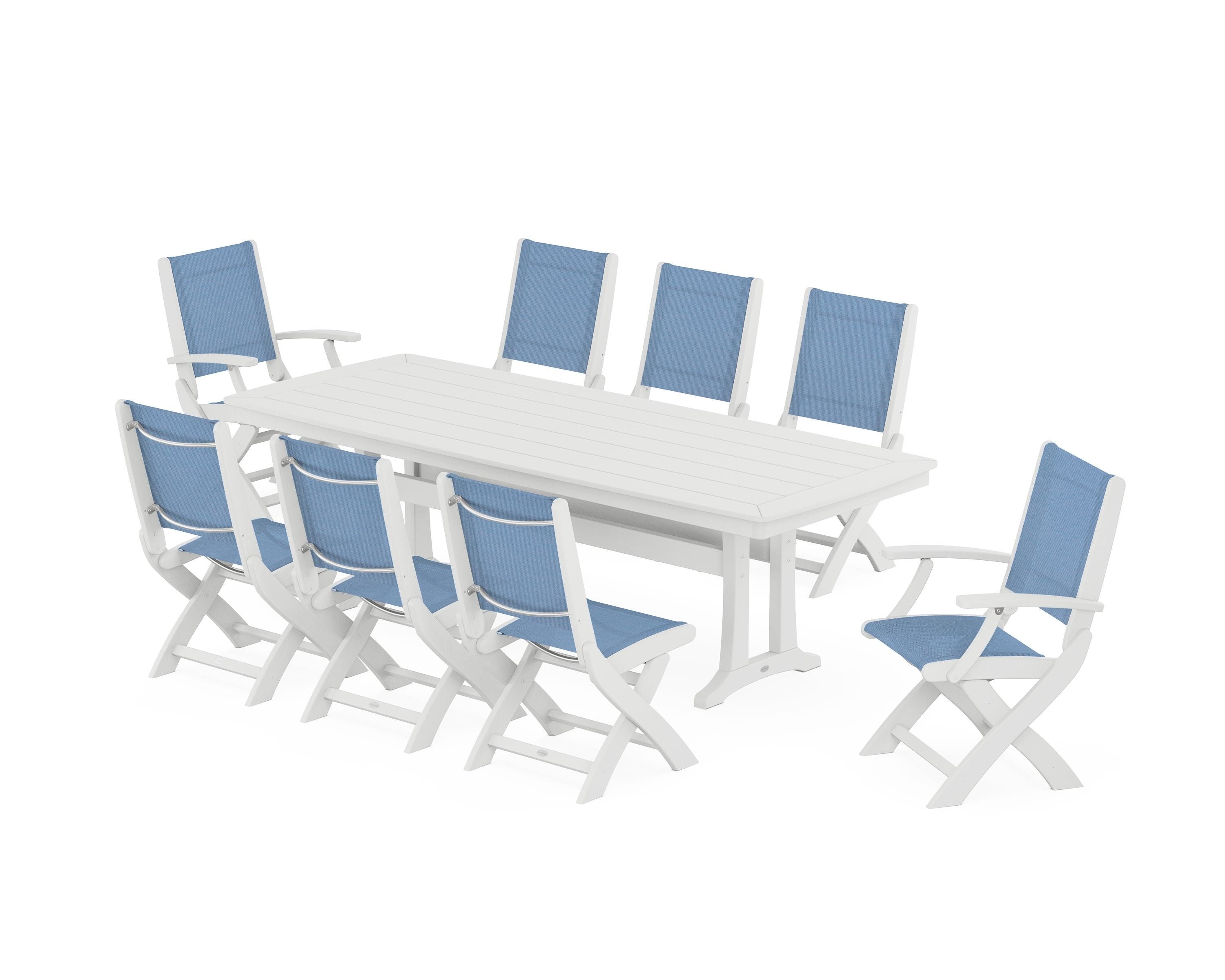 POLYWOOD® Coastal Folding 9-Piece Dining Set with Trestle Legs in White / Poolside Sling