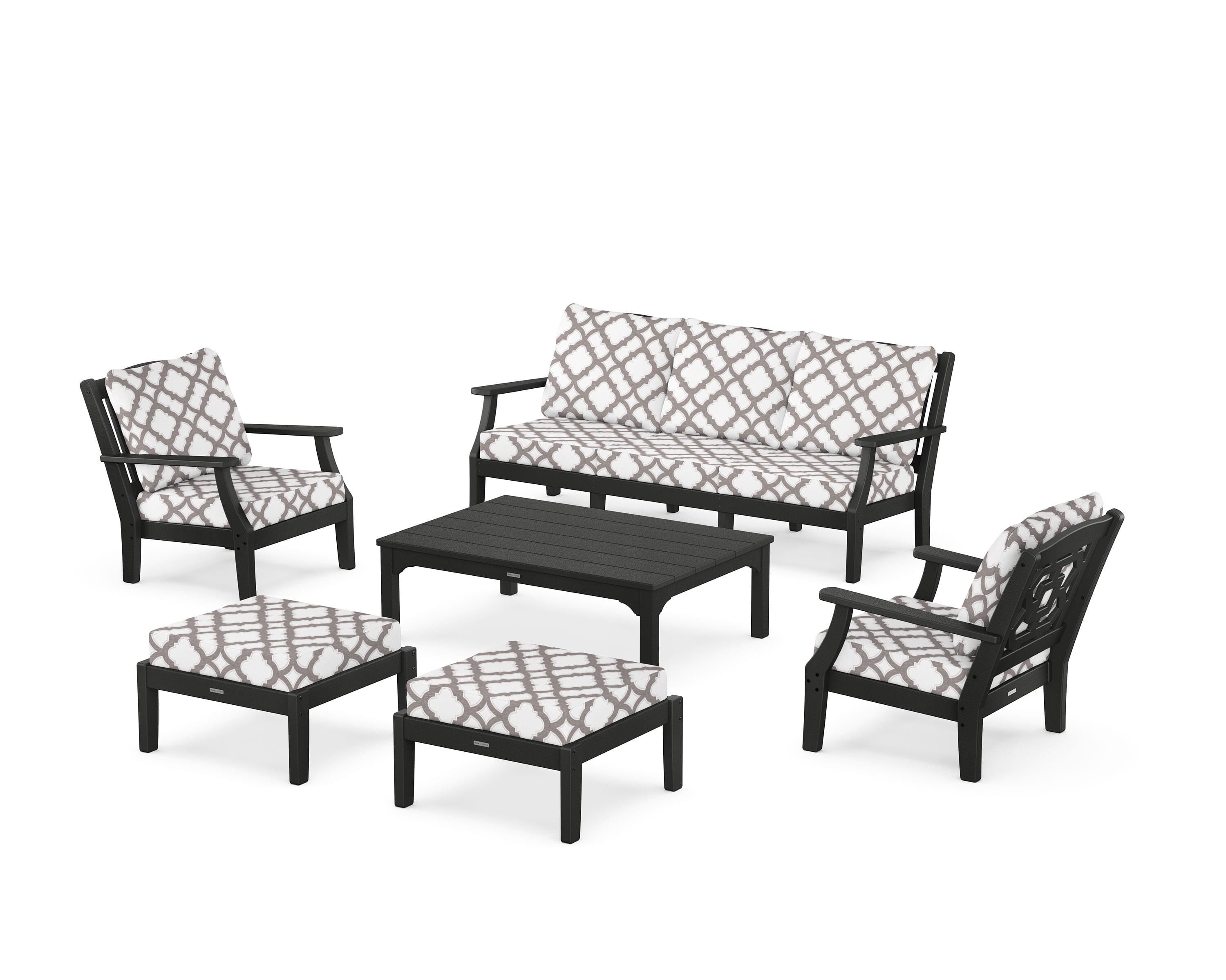 Martha Stewart by POLYWOOD® Chinoiserie 6-Piece Lounge Sofa Set in Black / Trellis Grey Mist