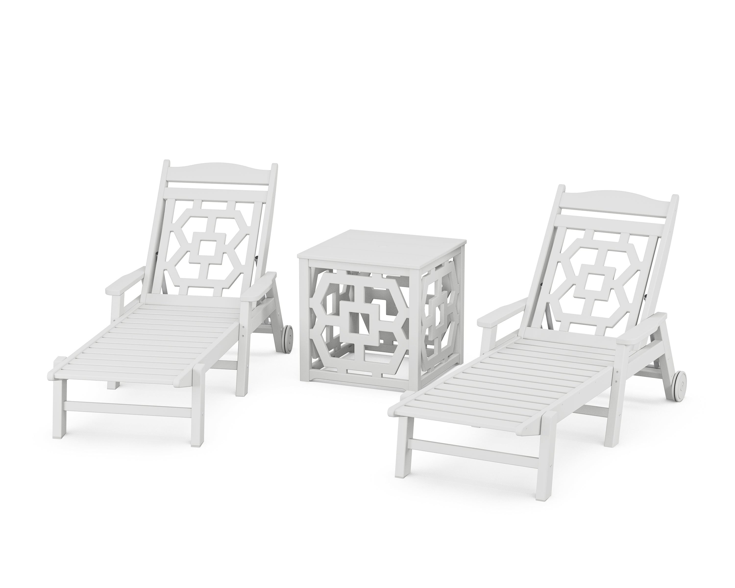 Martha Stewart by POLYWOOD® Chinoiserie 3-Piece Chaise Set with Umbrella Stand Accent Table in White