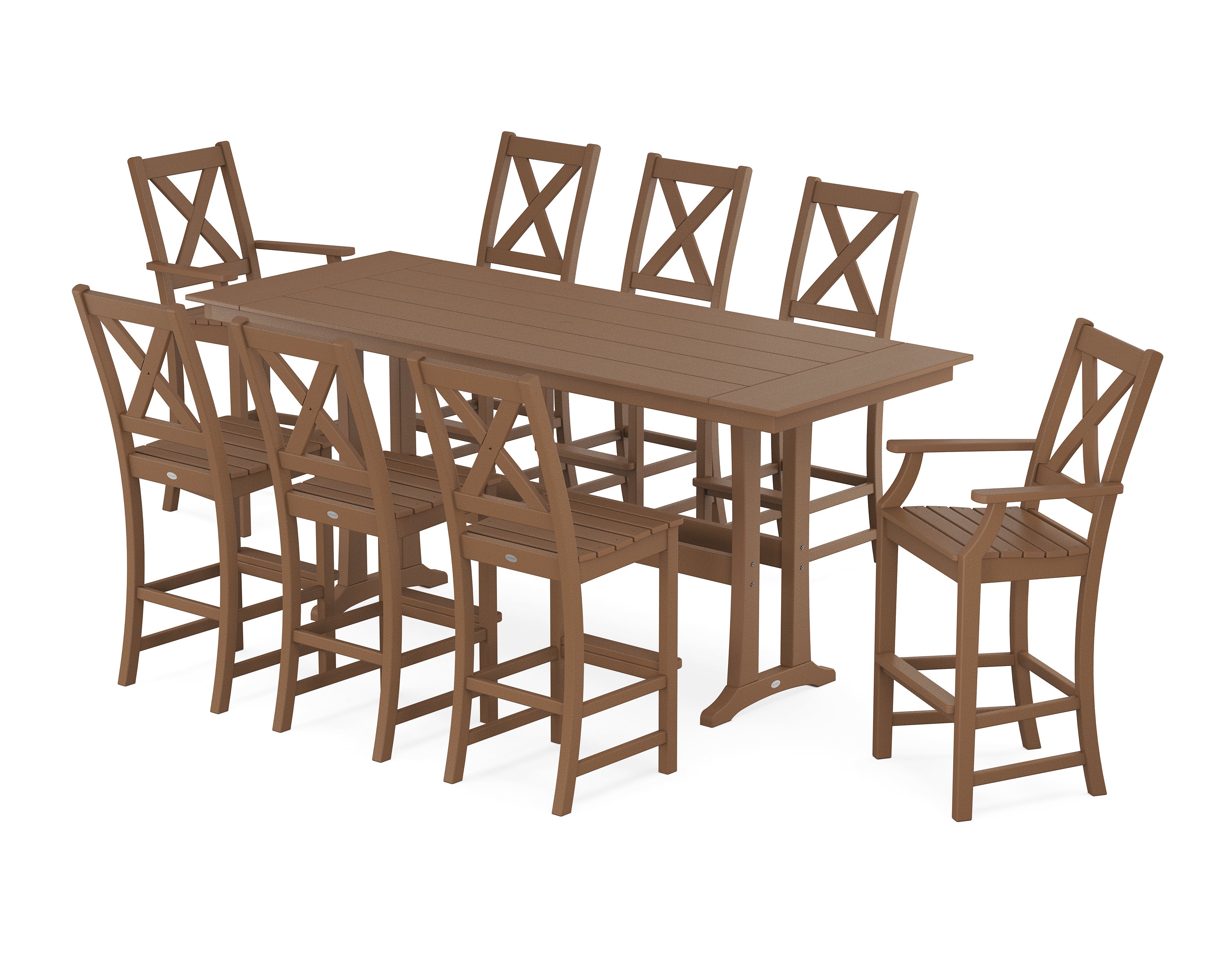 POLYWOOD® Braxton 9-Piece Farmhouse Bar Set with Trestle Legs in Teak