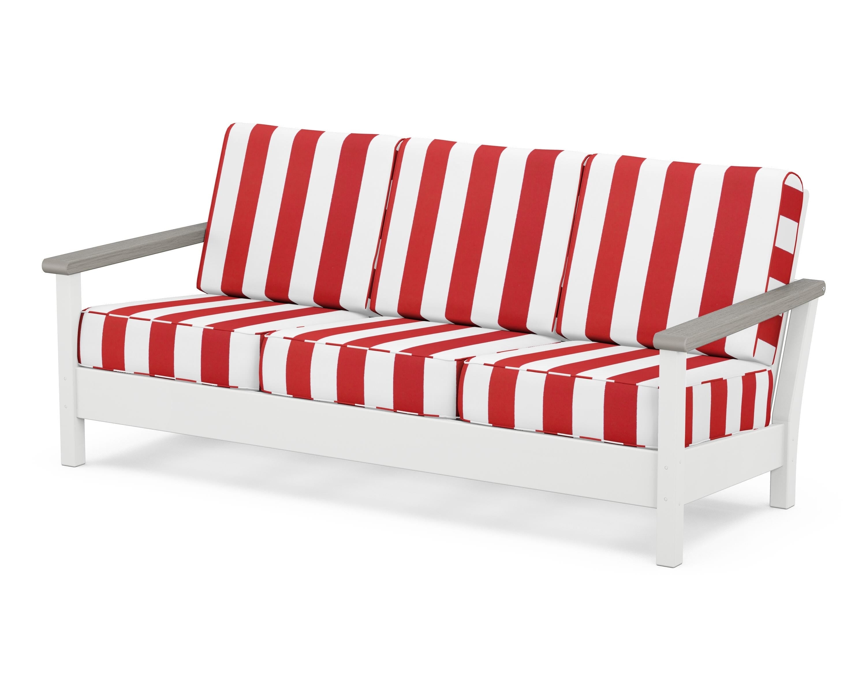 POLYWOOD® Harbour Deep Seating Sofa in White / Driftwood / Cabana Stripe Crimson