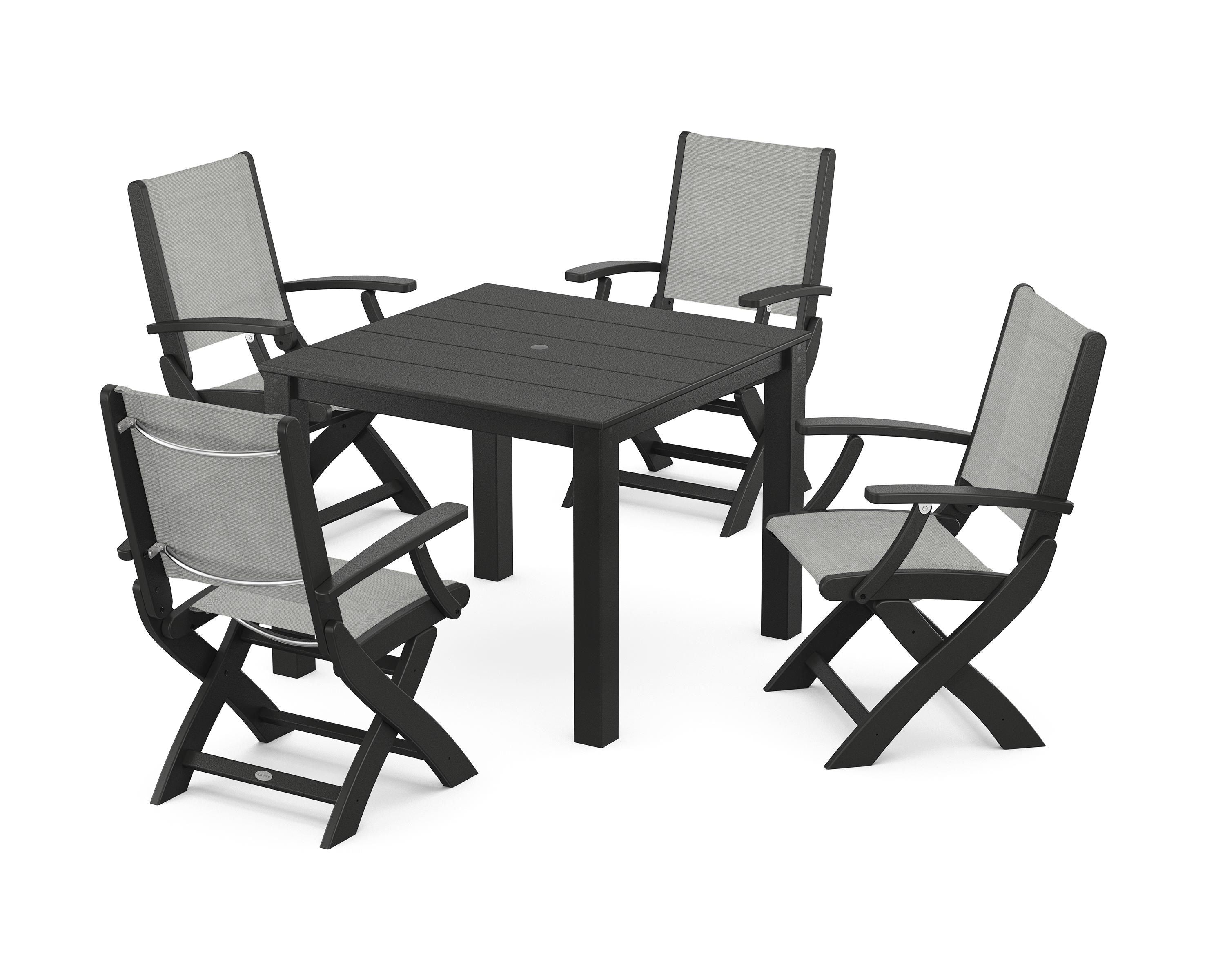 POLYWOOD® Coastal Folding Chair 5-Piece Parsons Dining Set in Black / Metallic Sling