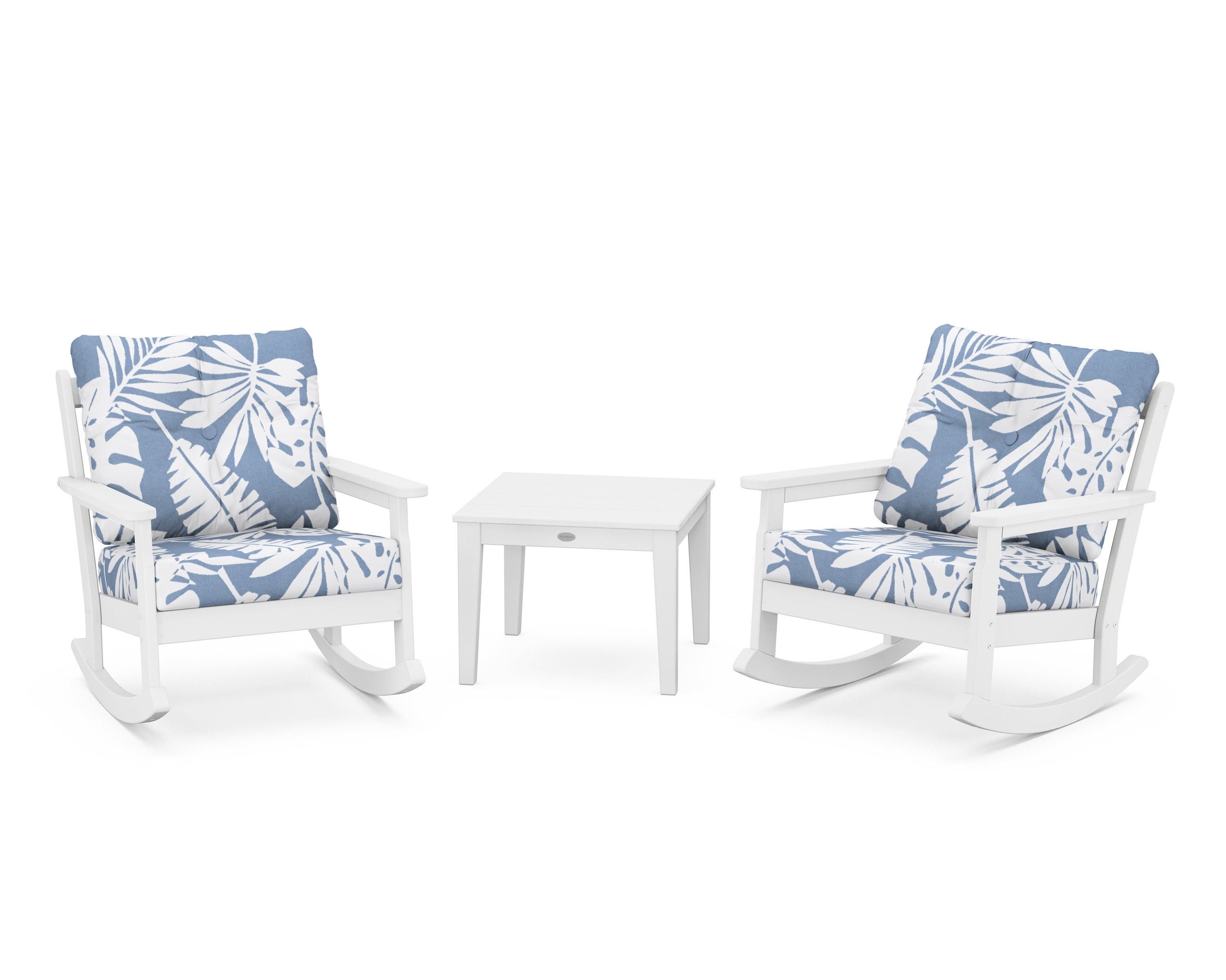 POLYWOOD® Vineyard 3-Piece Deep Seating Rocker Set in White / Leaf Sky Blue