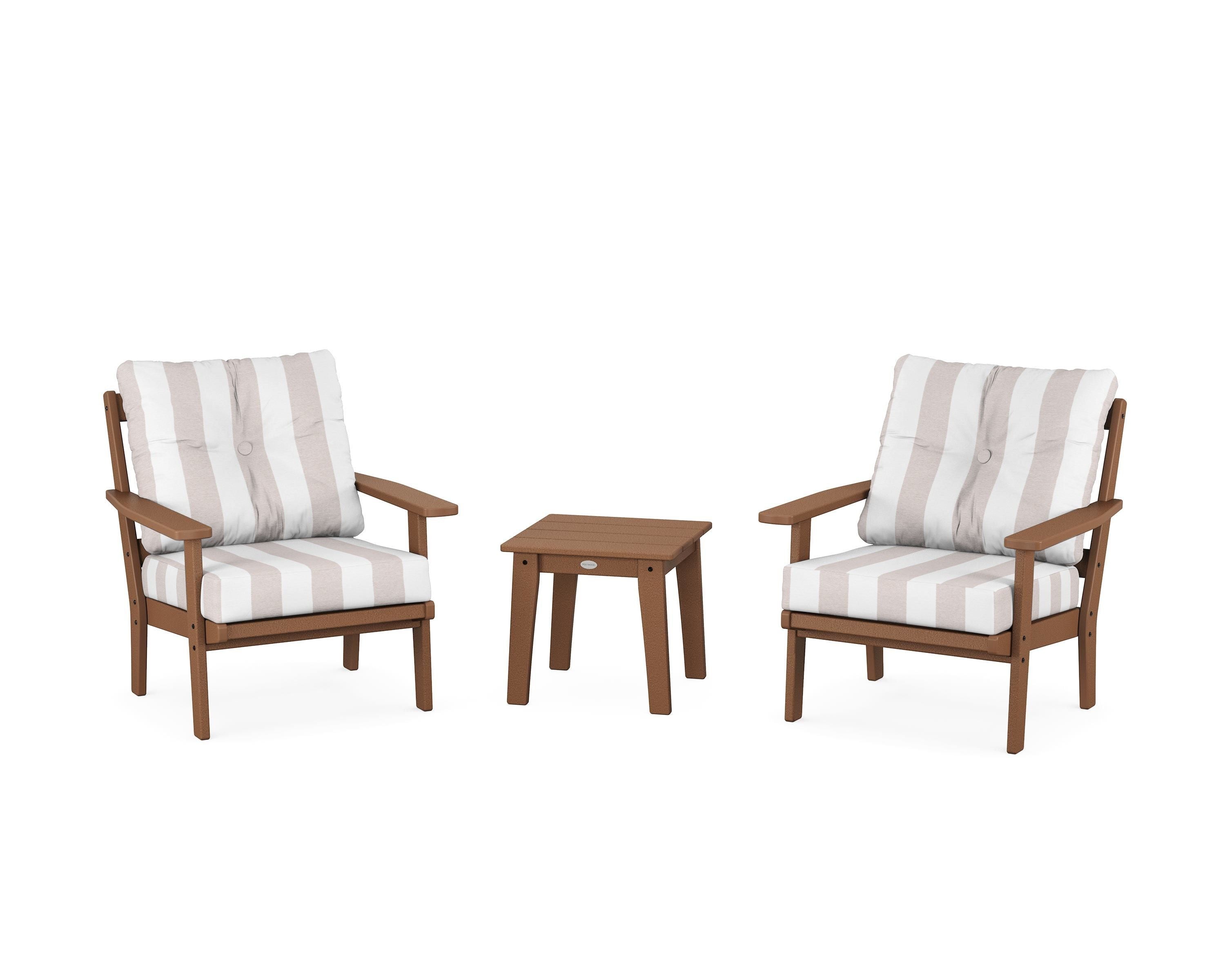 POLYWOOD® Oxford 3-Piece Deep Seating Set in Teak / Cabana Stripe Dune Burlap