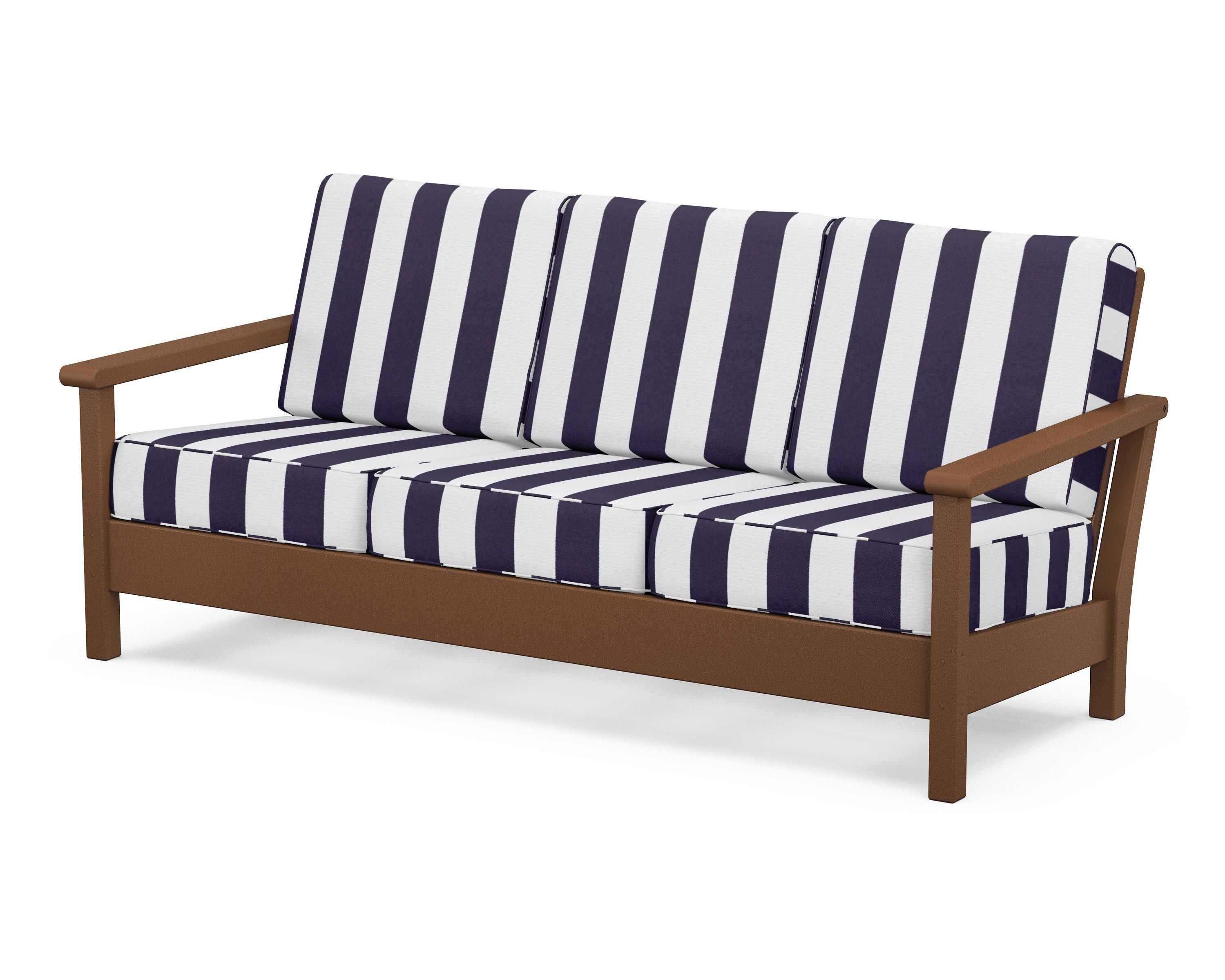 POLYWOOD® Harbour Deep Seating Sofa in Teak / Cabana Stripe Navy