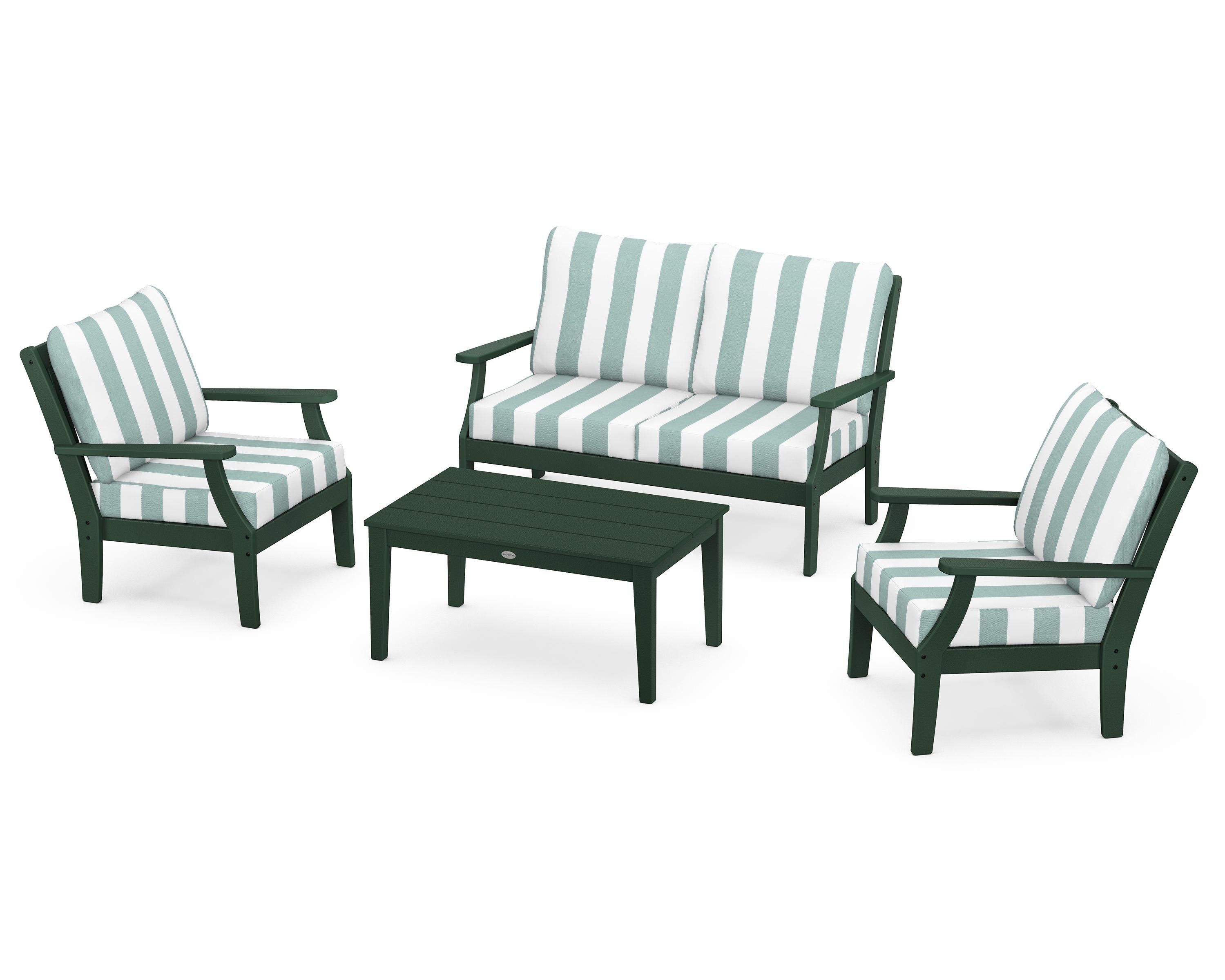 POLYWOOD® Braxton 4-Piece Deep Seating Chair Set in Green / Cabana Stripe Glacier Spa