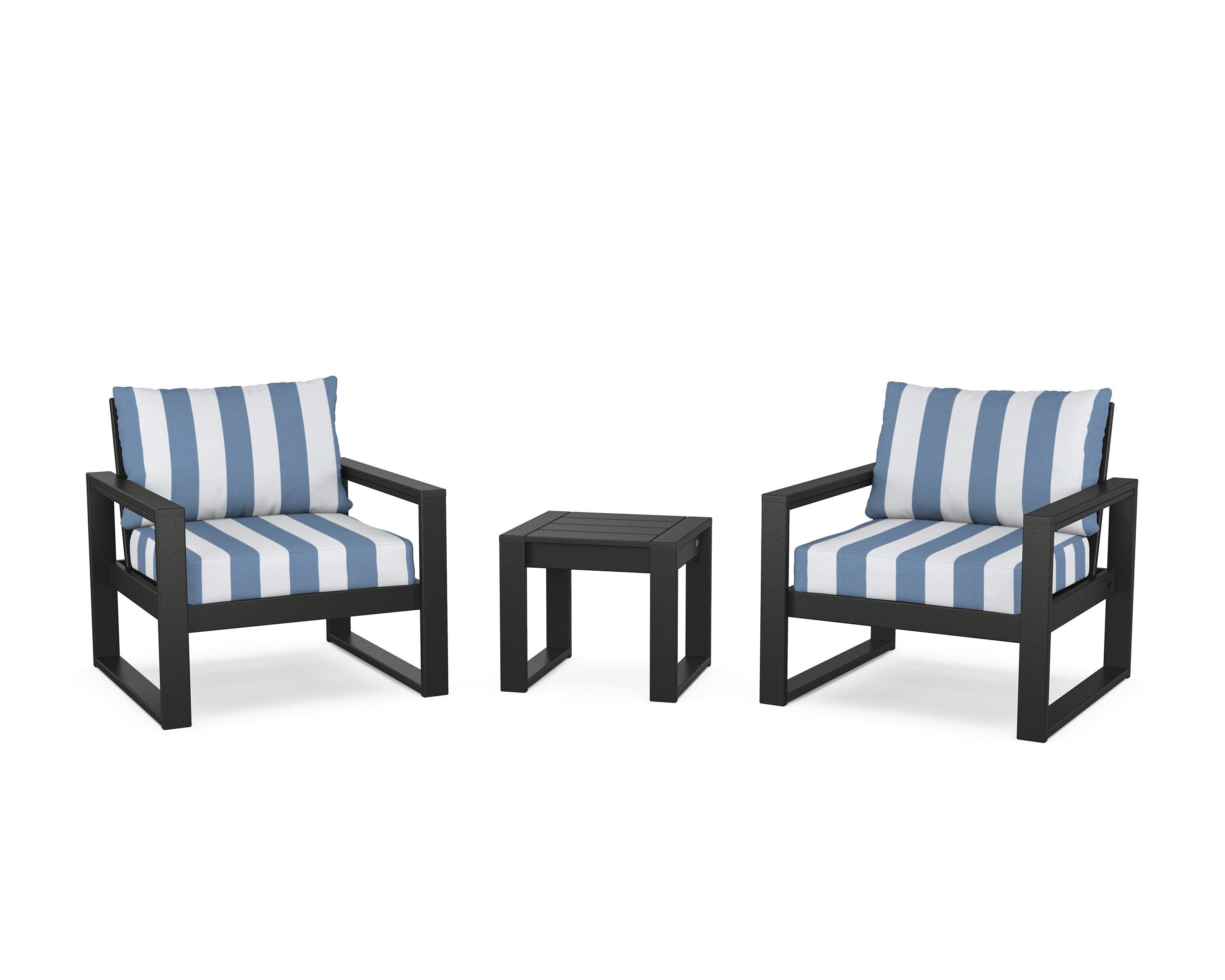 POLYWOOD® EDGE Sectional 3-Piece Deep Seating Set in Black / Cabana Stripe Sky Blue