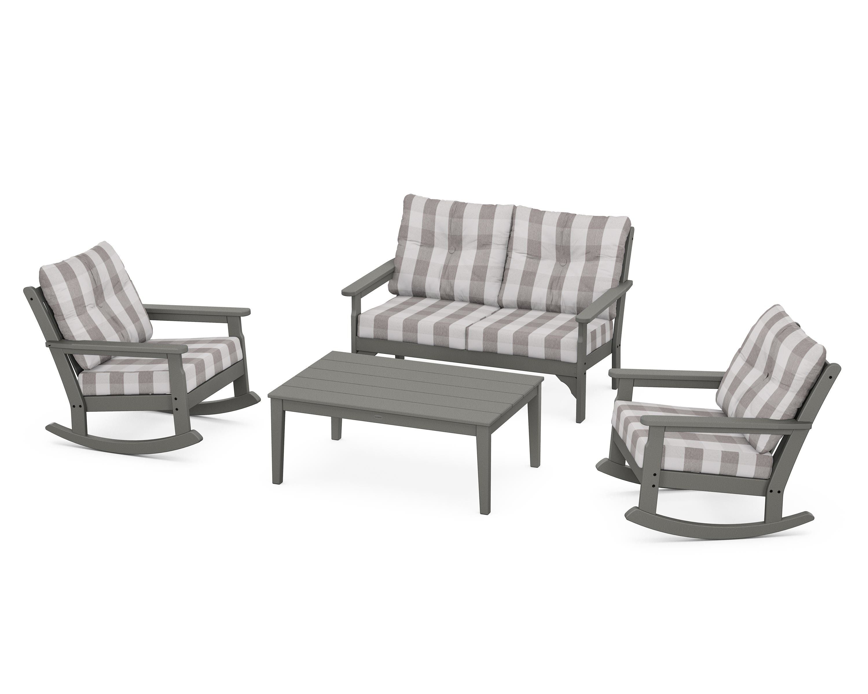 POLYWOOD® Vineyard 4-Piece Deep Seating Rocking Chair Set in Slate Grey / Buffalo Plaid Grey Mist