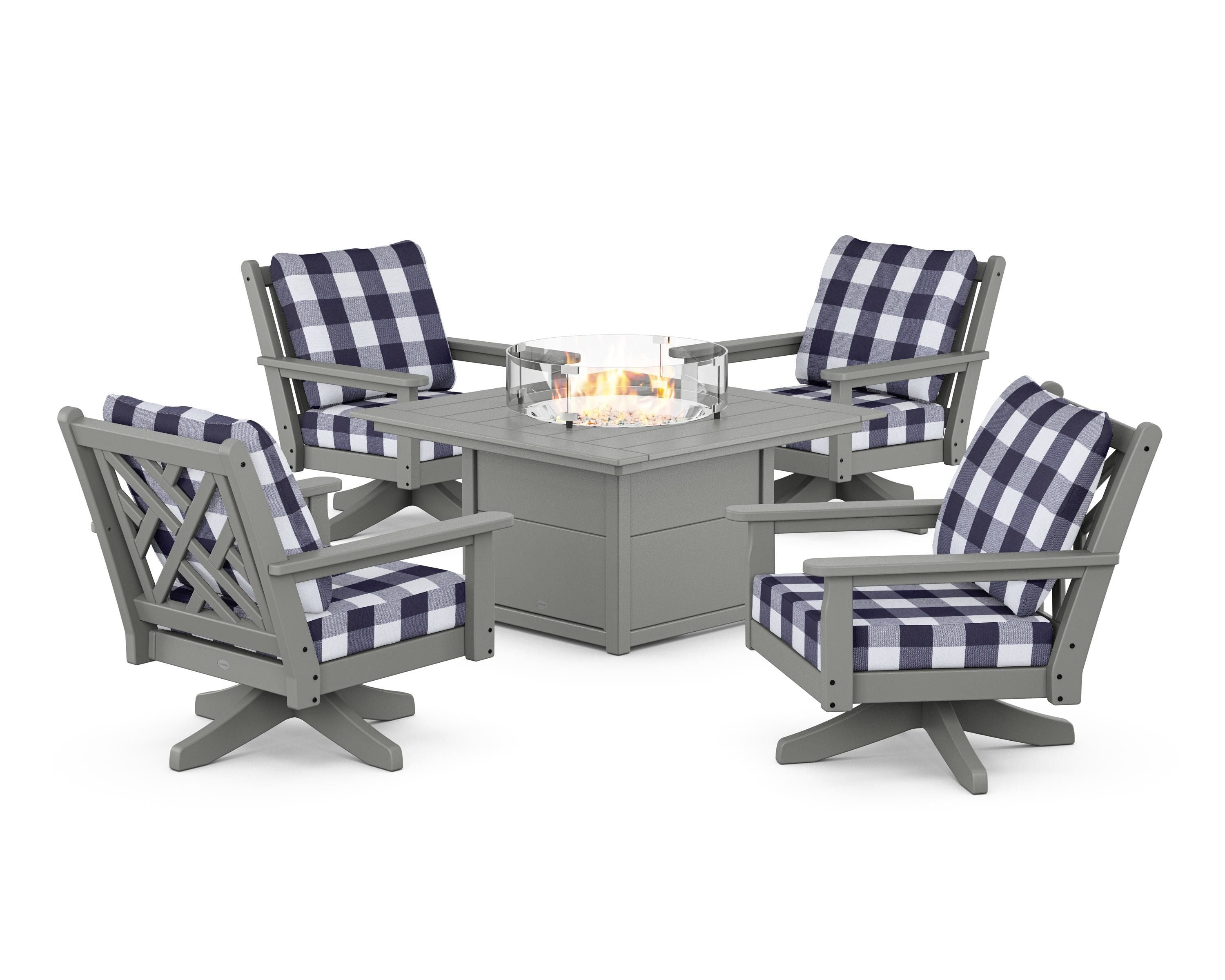 POLYWOOD® Chippendale 5-Piece Deep Seating Swivel Conversation Set with Fire Pit Table in Slate Grey / Buffalo Plaid Navy