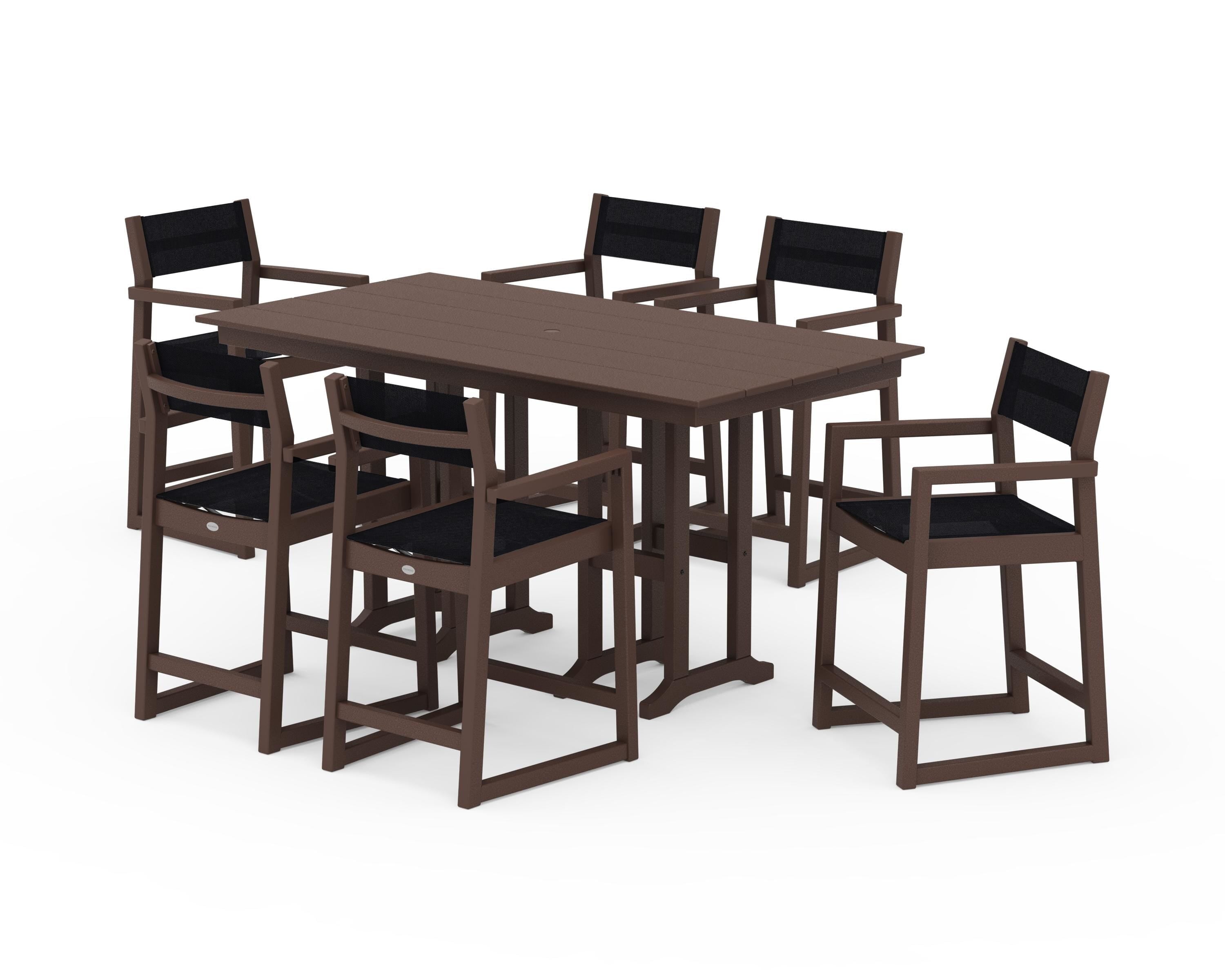 POLYWOOD® EDGE Sling Arm Chair 7-Piece Farmhouse Counter Set in Mahogany / Black Sling