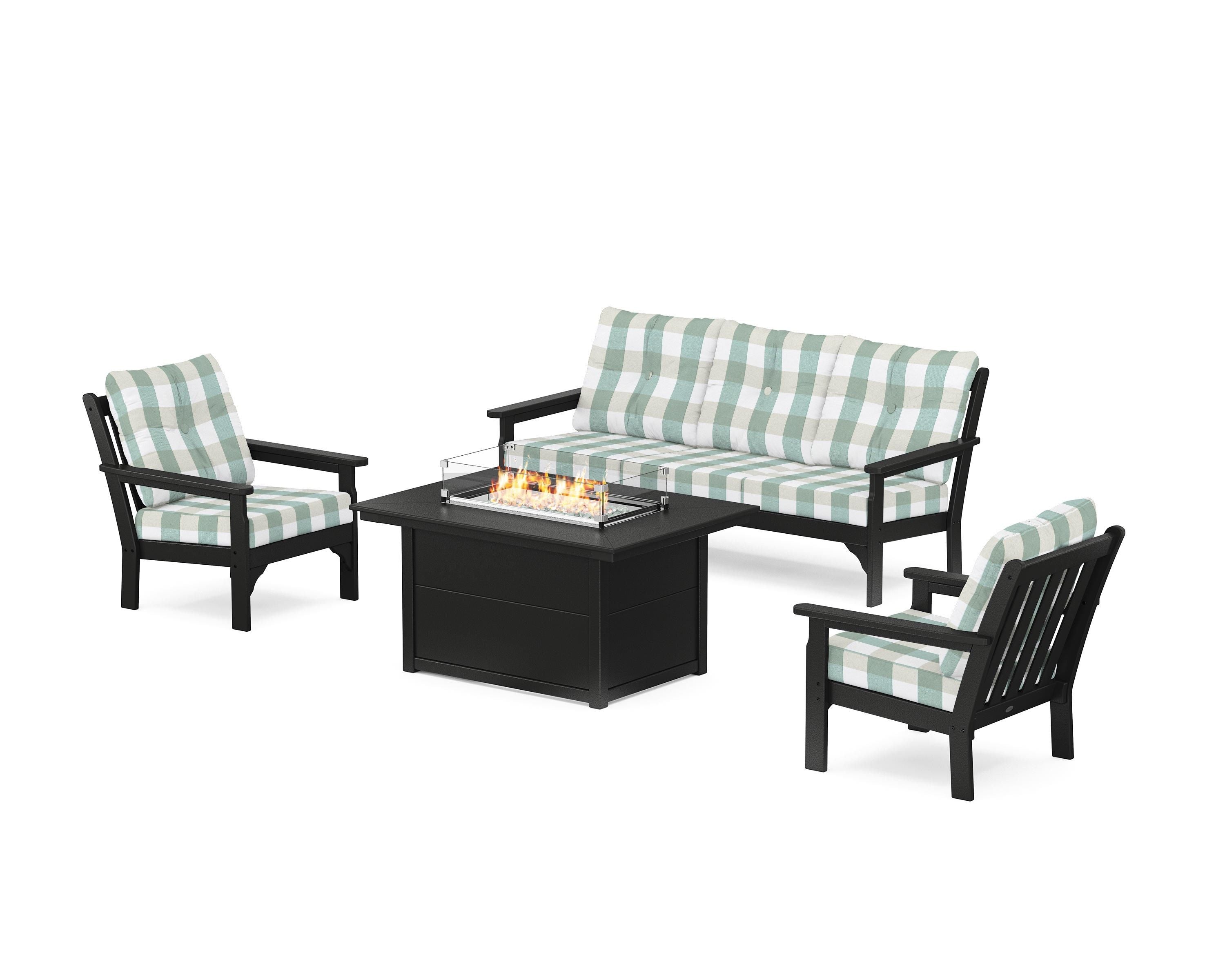 POLYWOOD® Vineyard Deep Seating Fire Pit Table Set in Black / Buffalo Plaid Glacier Spa
