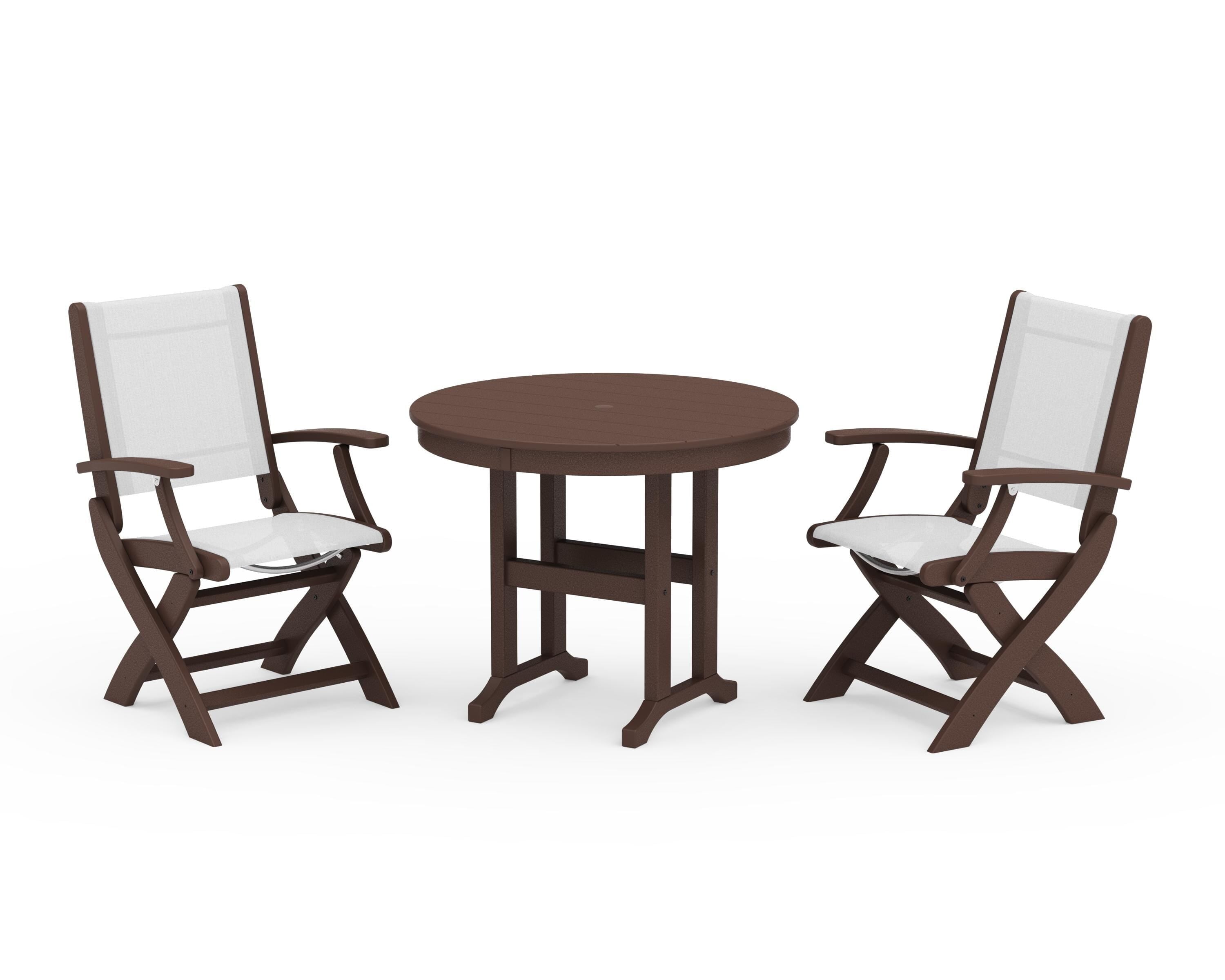 POLYWOOD® Coastal Folding Chair 3-Piece Round Dining Set in Mahogany / White Sling