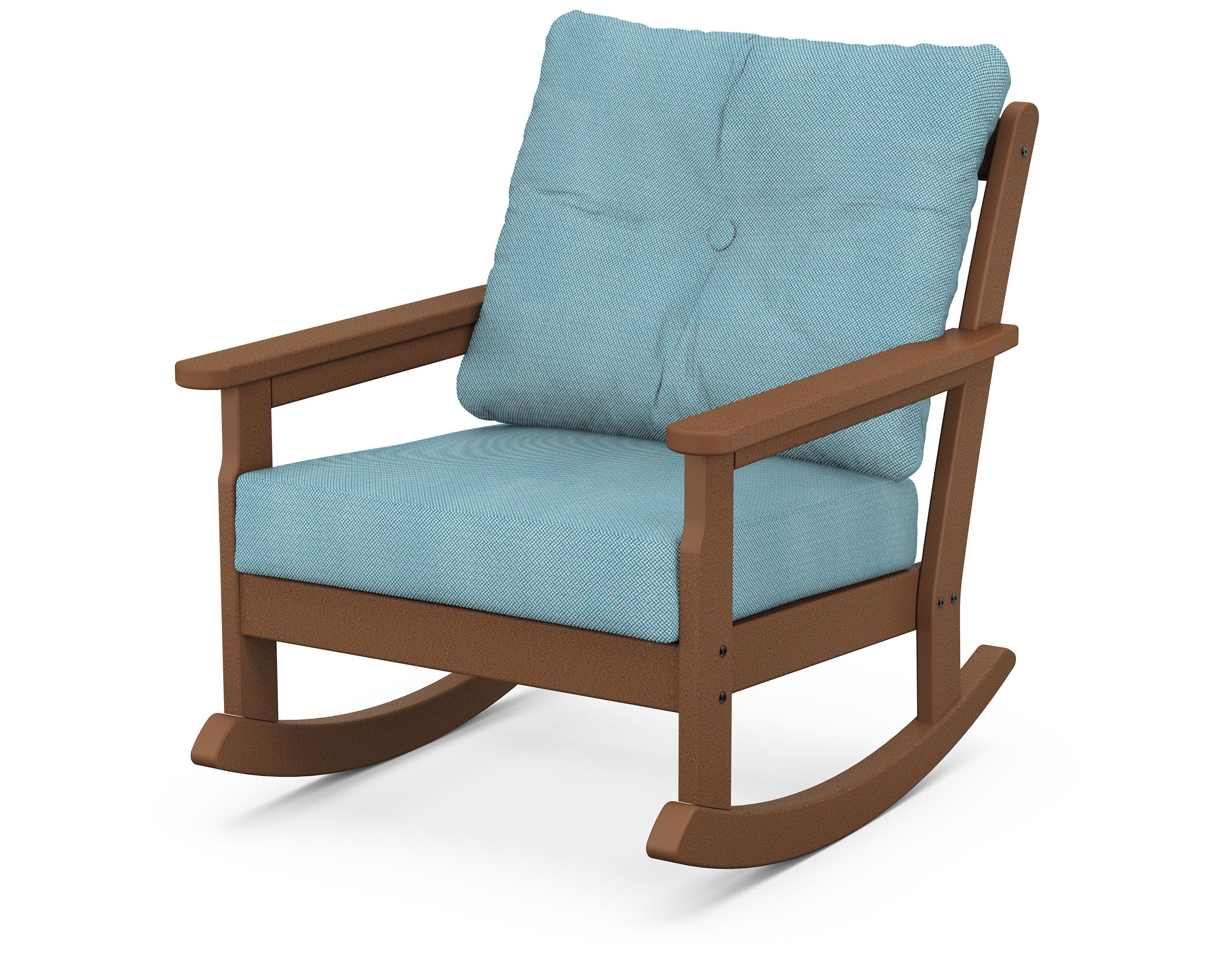POLYWOOD® Vineyard Deep Seating Rocking Chair in Teak / Lattice Sky Blue