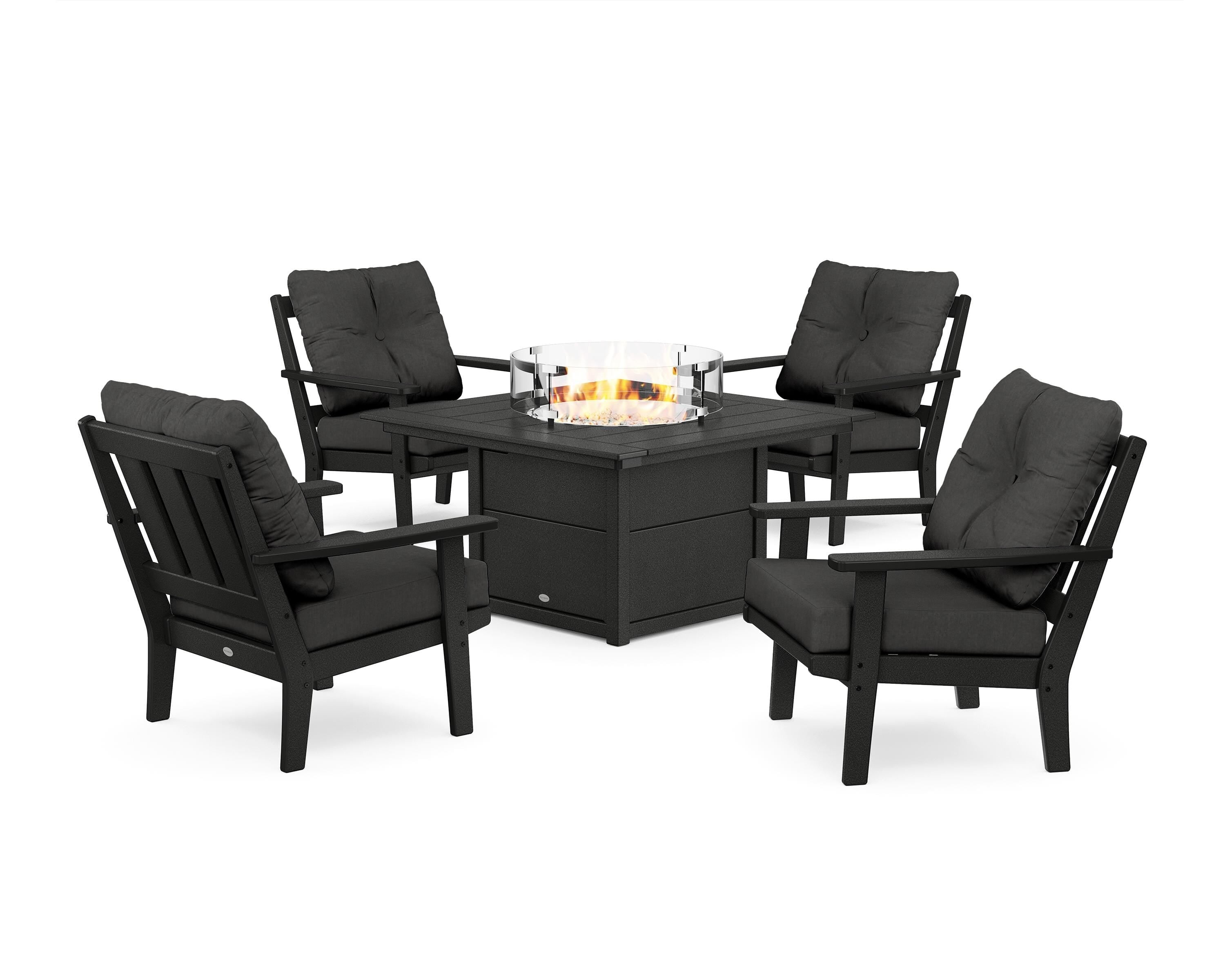 POLYWOOD® Oxford 5-Piece Deep Seating Set with Fire Pit Table in Black / Spectrum Carbon