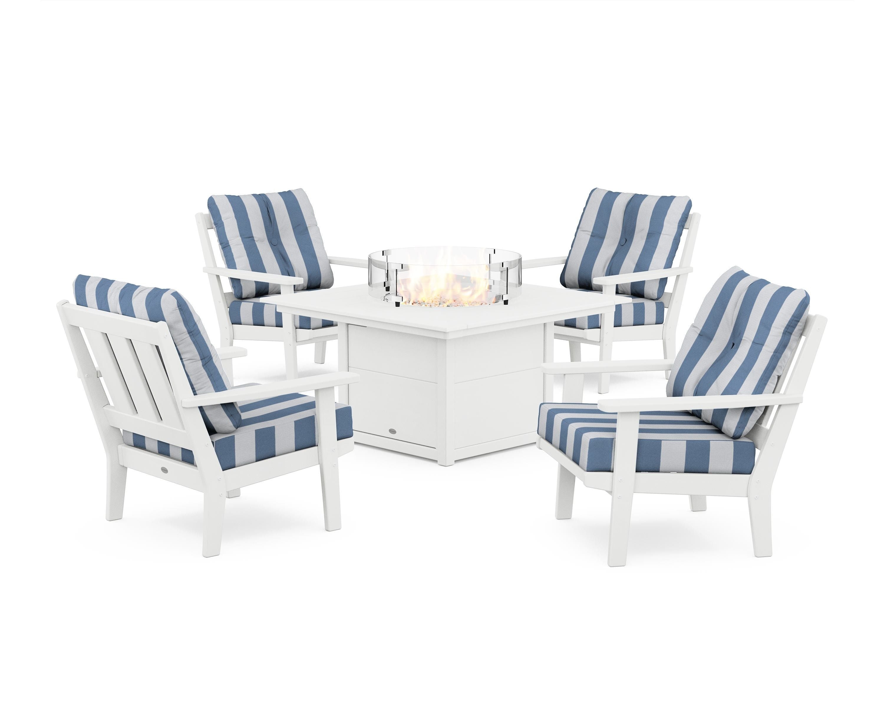 POLYWOOD® Oxford 5-Piece Deep Seating Set with Fire Pit Table in White / Cabana Stripe Sky Blue