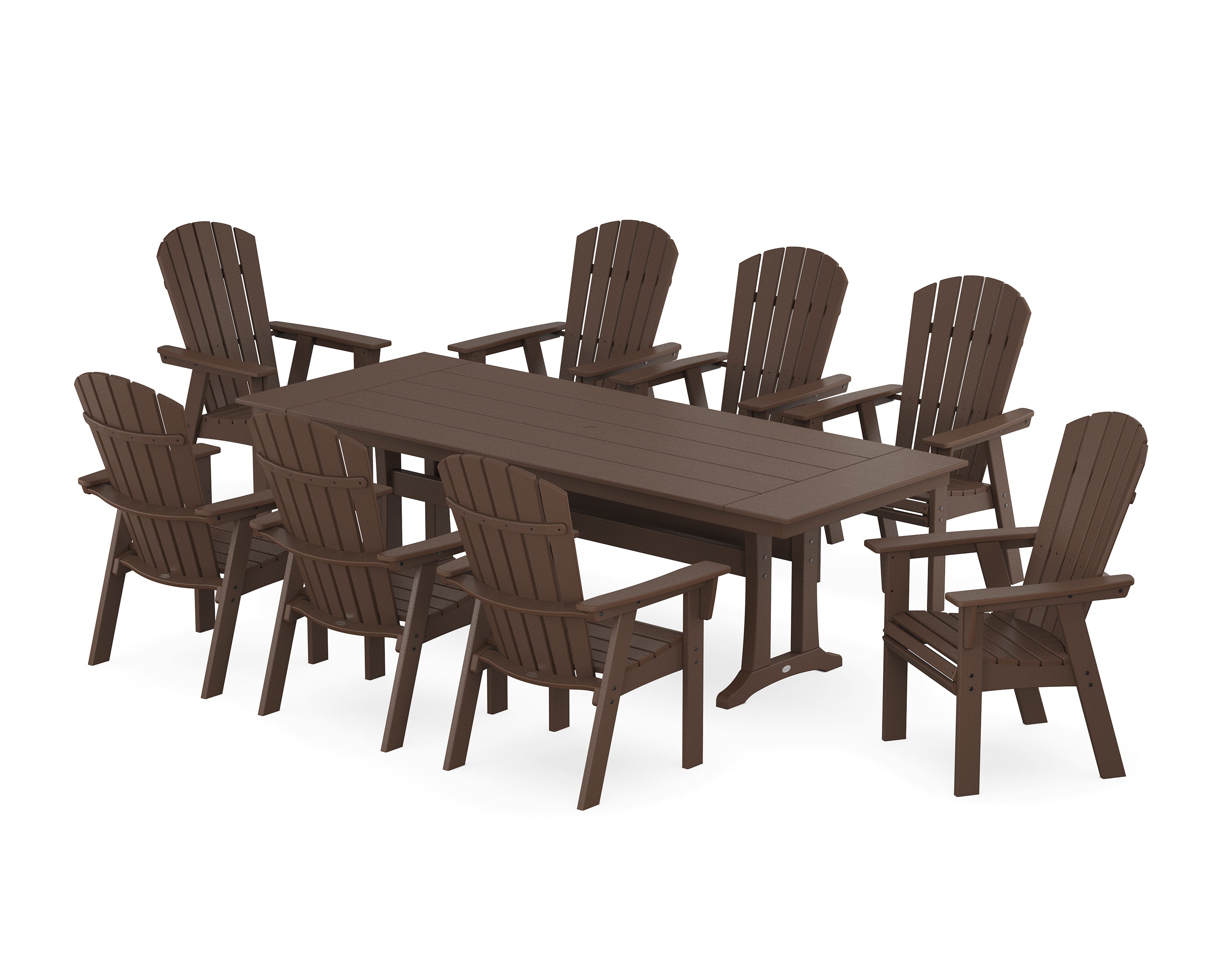 POLYWOOD® Nautical 9-Piece Curveback Adirondack Farmhouse Dining Set with Trestle Legs in Mahogany