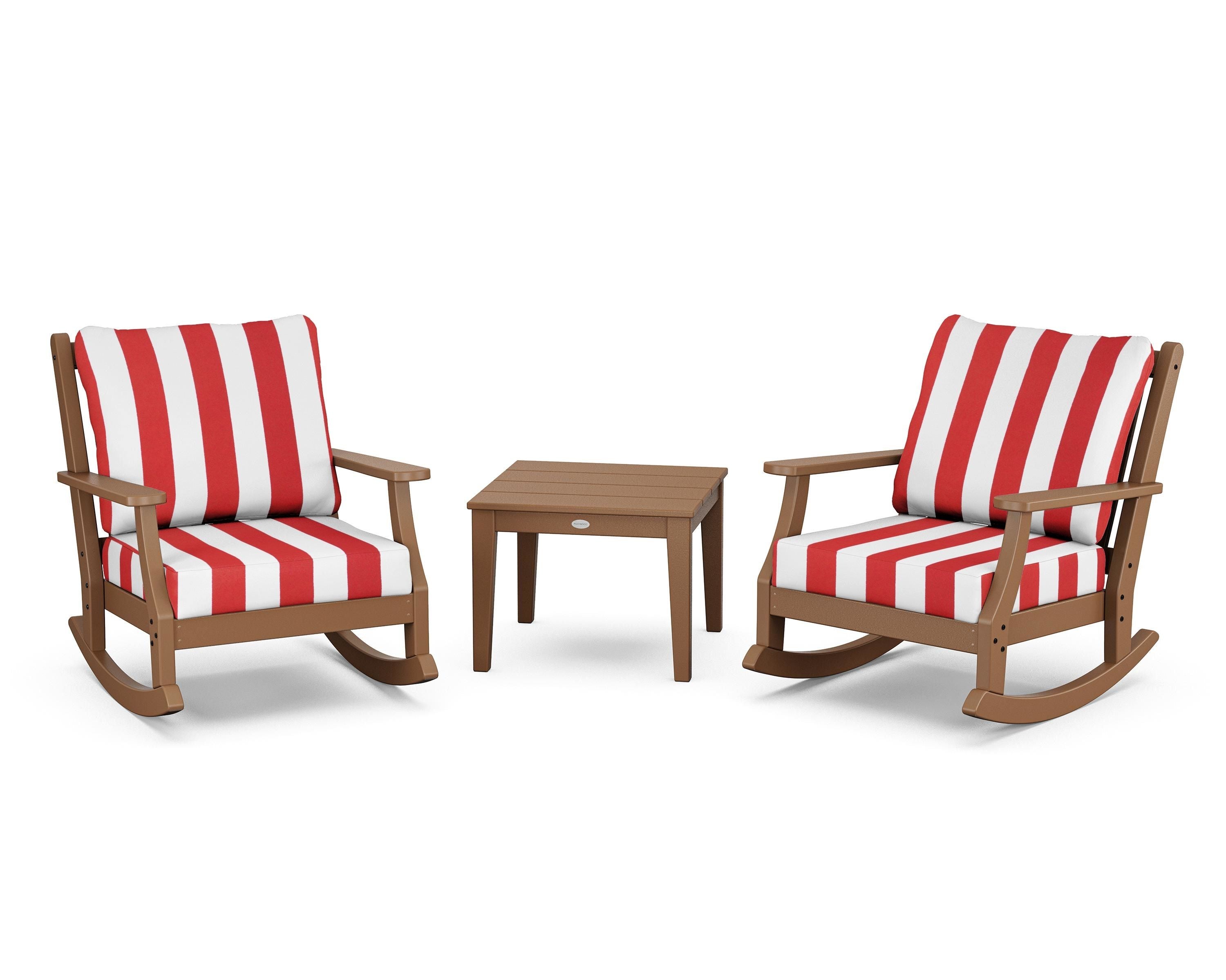 Country Living Wovendale 3-Piece Deep Seating Rocker Set in Teak / Cabana Stripe Crimson