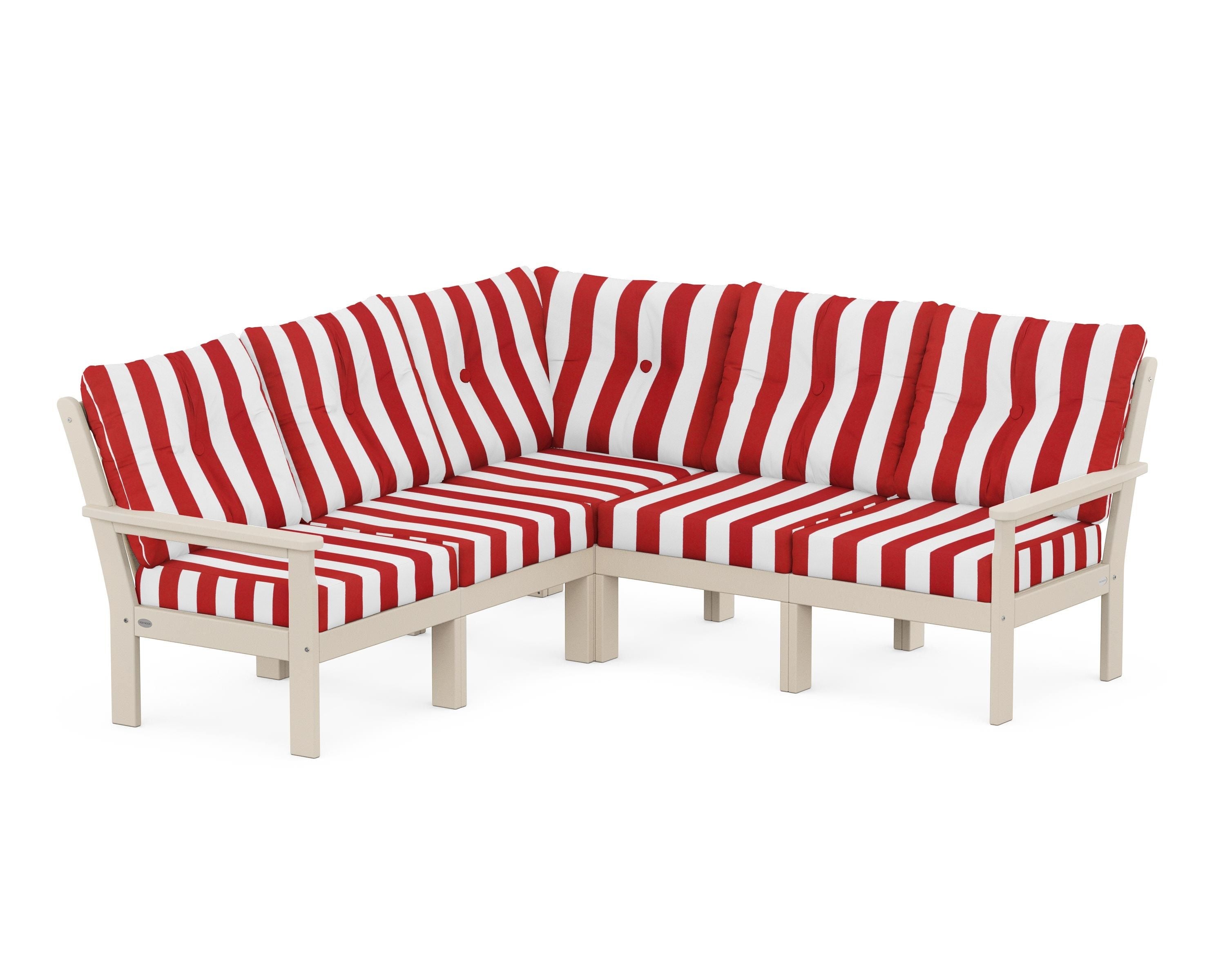 POLYWOOD® Vineyard 5-Piece Sectional in Sand / Cabana Stripe Crimson