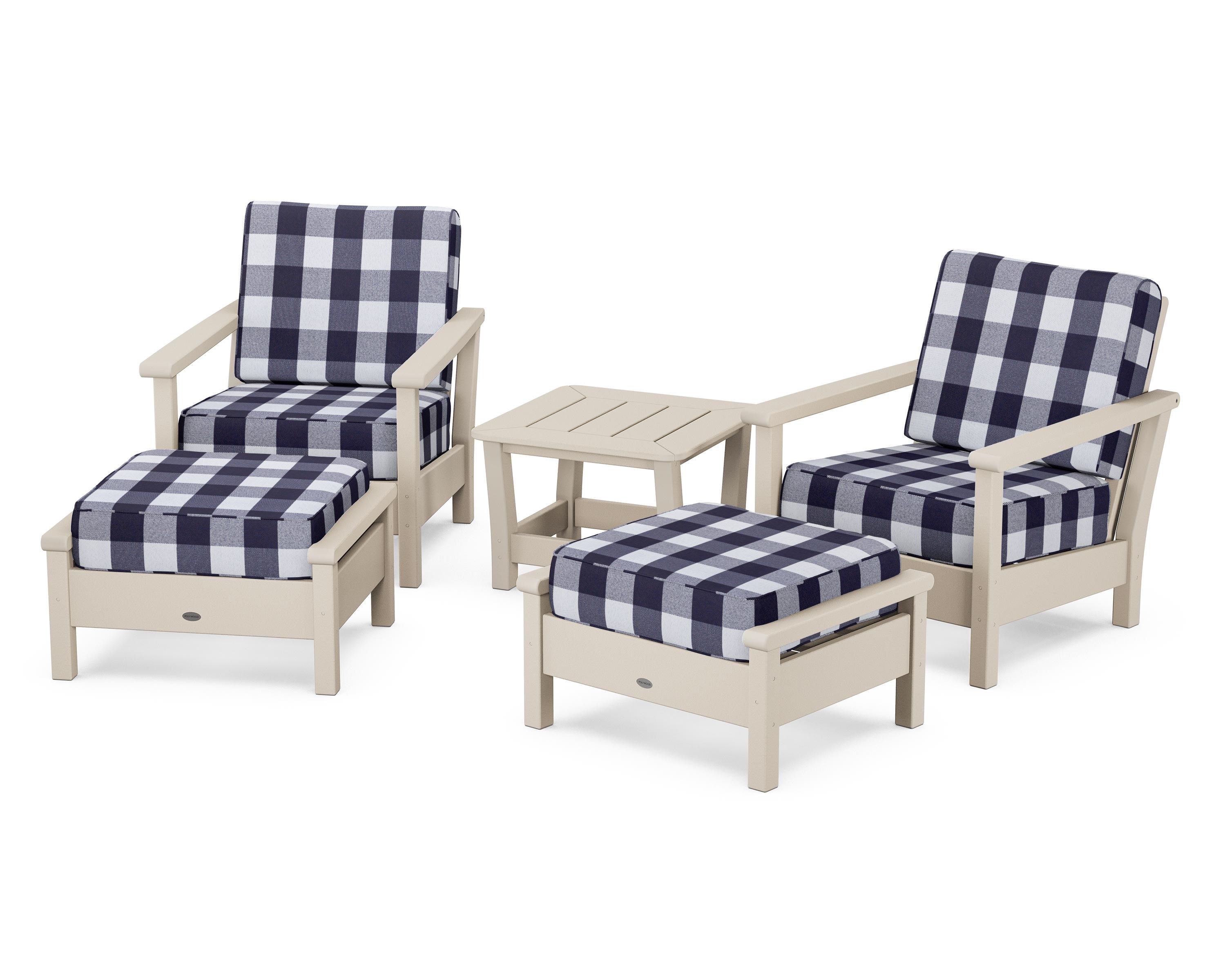POLYWOOD® Harbour 5-Piece Deep Seating Chair Set in Sand / Buffalo Plaid Navy