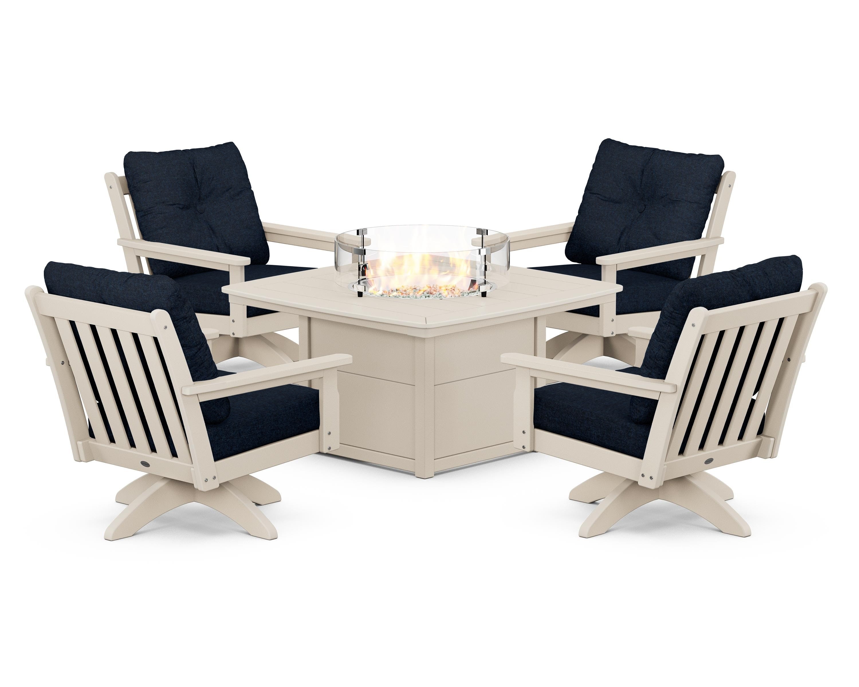 POLYWOOD® Vineyard 5-Piece Deep Seating Swivel Conversation Set with Fire Pit Table in Sand / Marine Indigo