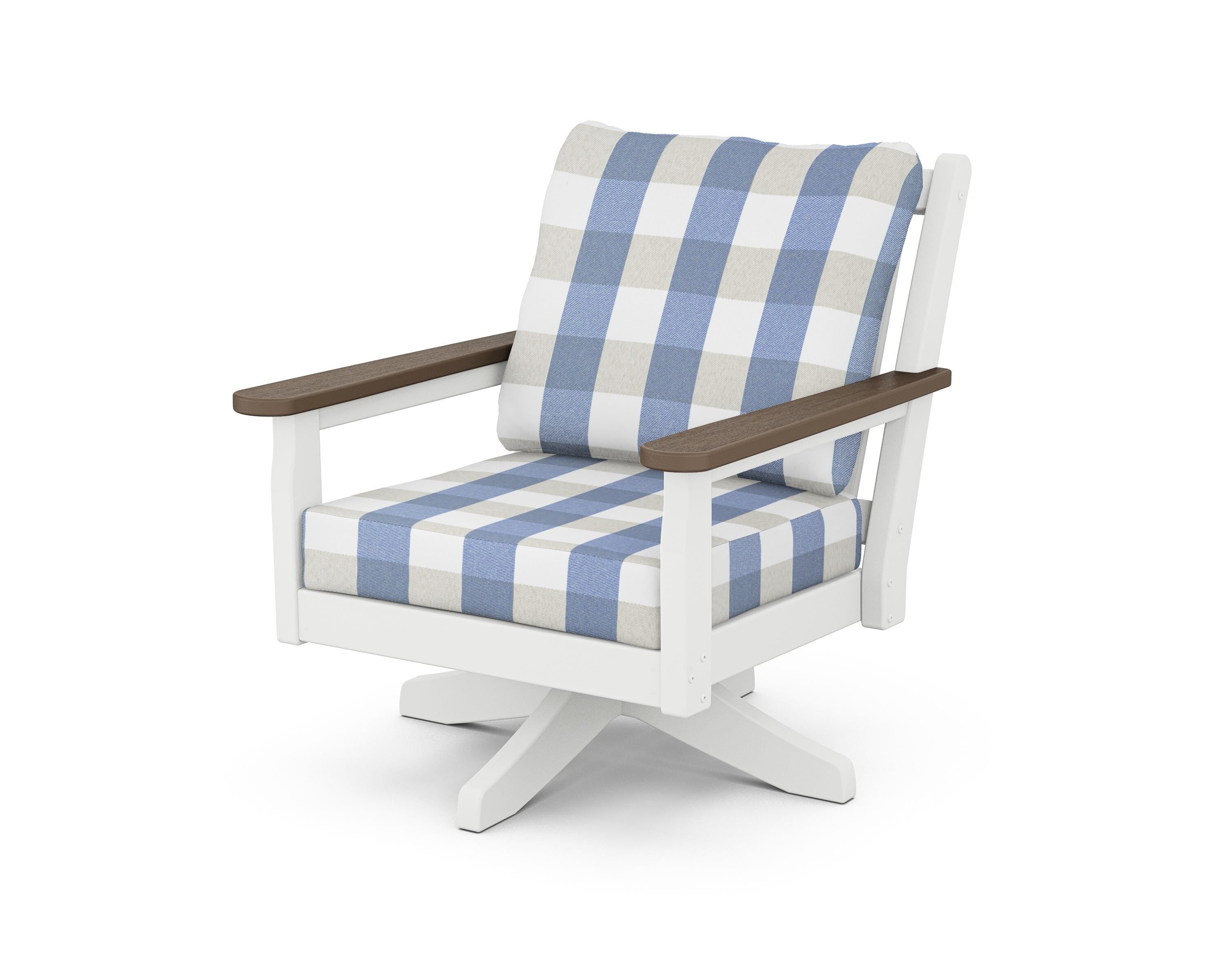 POLYWOOD® Chippendale Deep Seating Swivel Chair in White / Kona / Buffalo Plaid Sky Blue