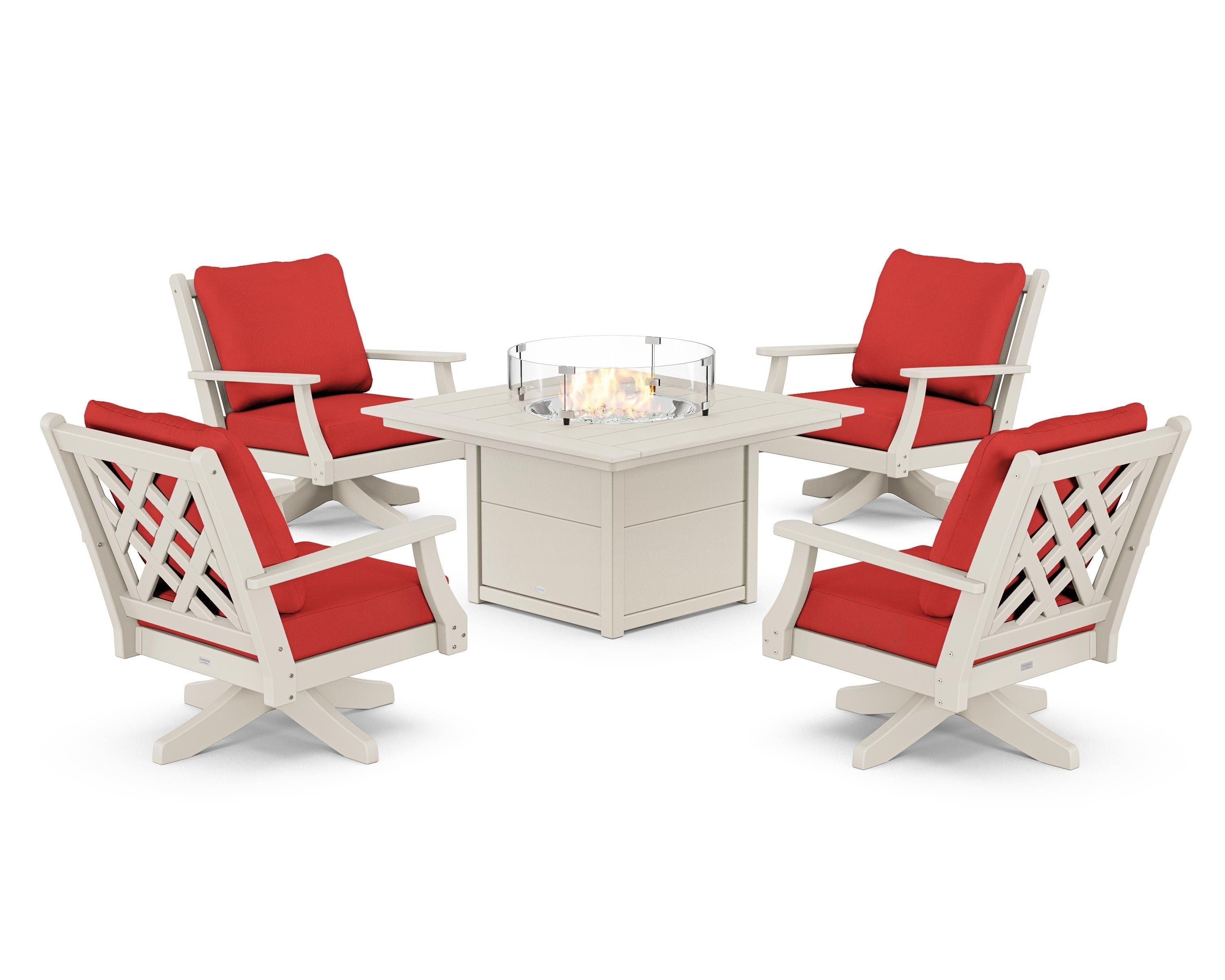 Country Living Wovendale 5-Piece Deep Seating Swivel Conversation Set with Fire Pit Table in Sand / Crimson Linen