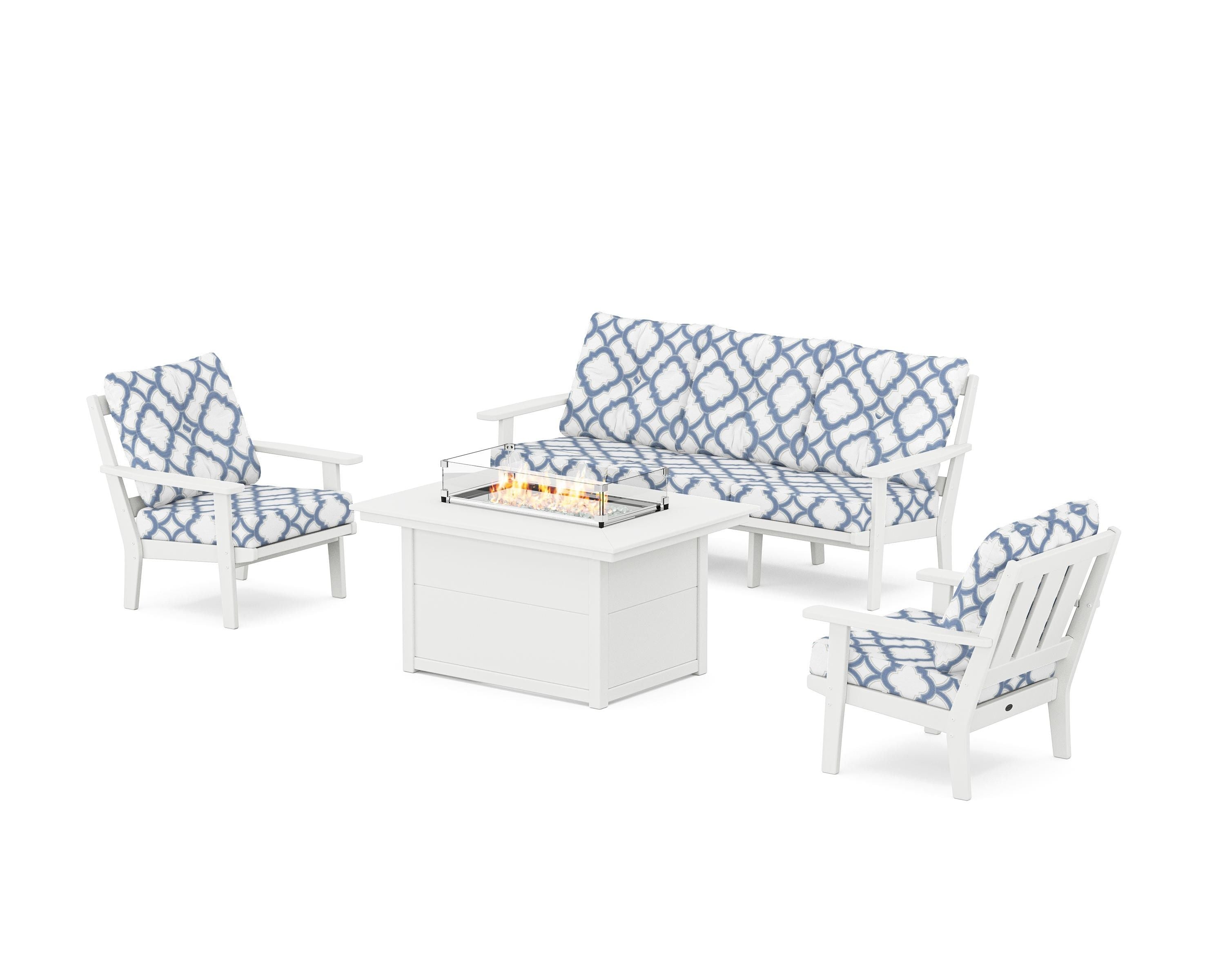 POLYWOOD® Oxford Deep Seating Fire Pit Table Set in White / Trellis Sky Blue