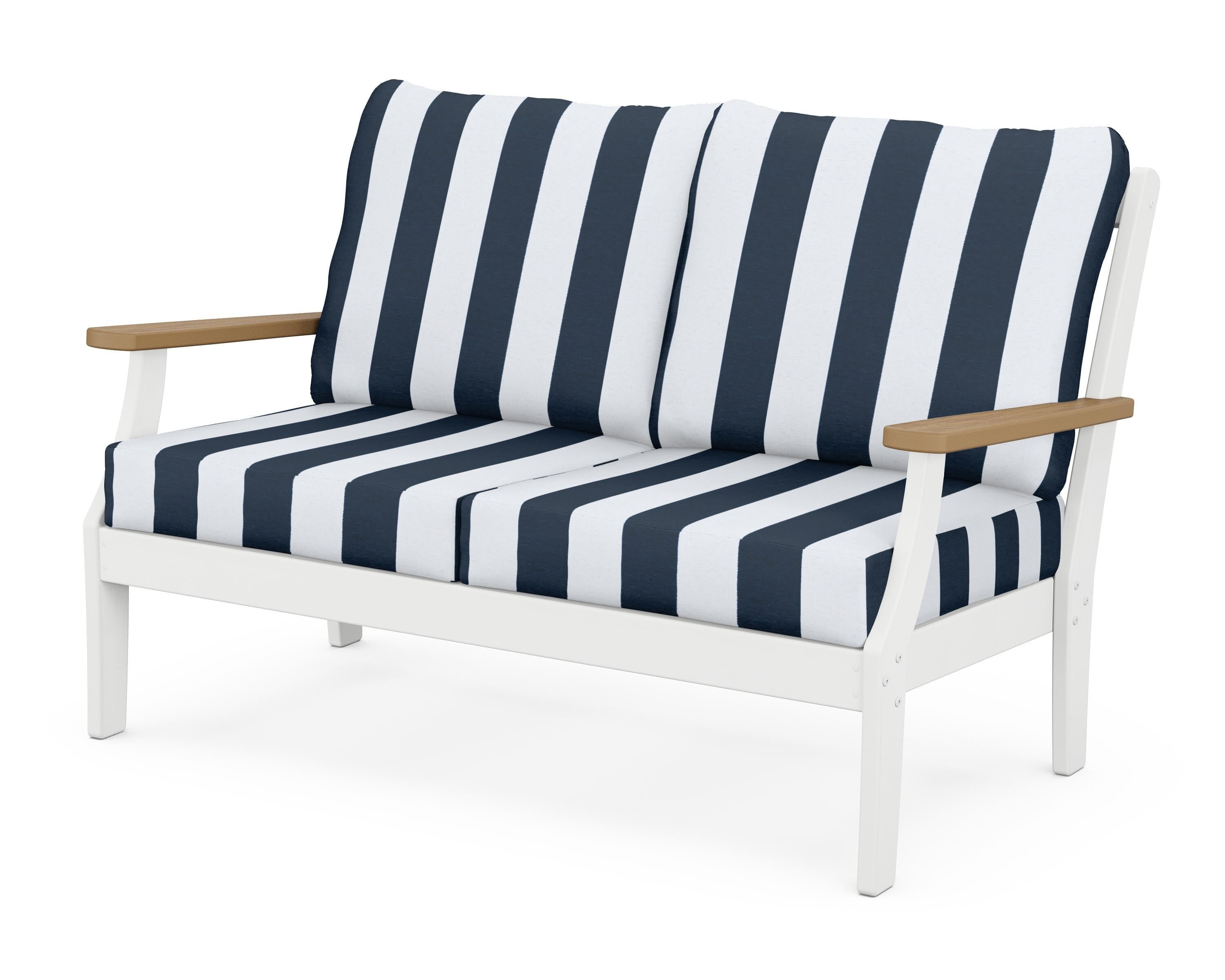 POLYWOOD® Braxton Deep Seating Loveseat in White / Natural / Cabana Stripe Marine Indigo