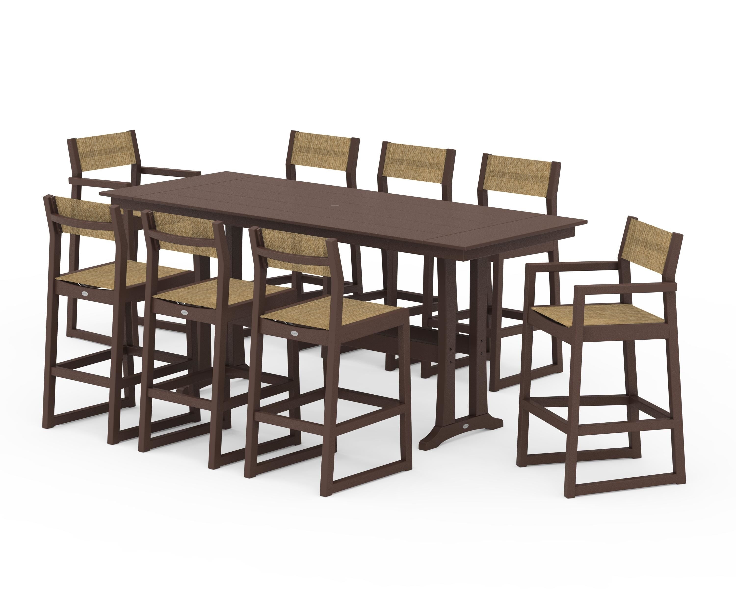 POLYWOOD® EDGE Sling 9-Piece Farmhouse Bar Set with Trestle Legs in Mahogany / Burlap Sling