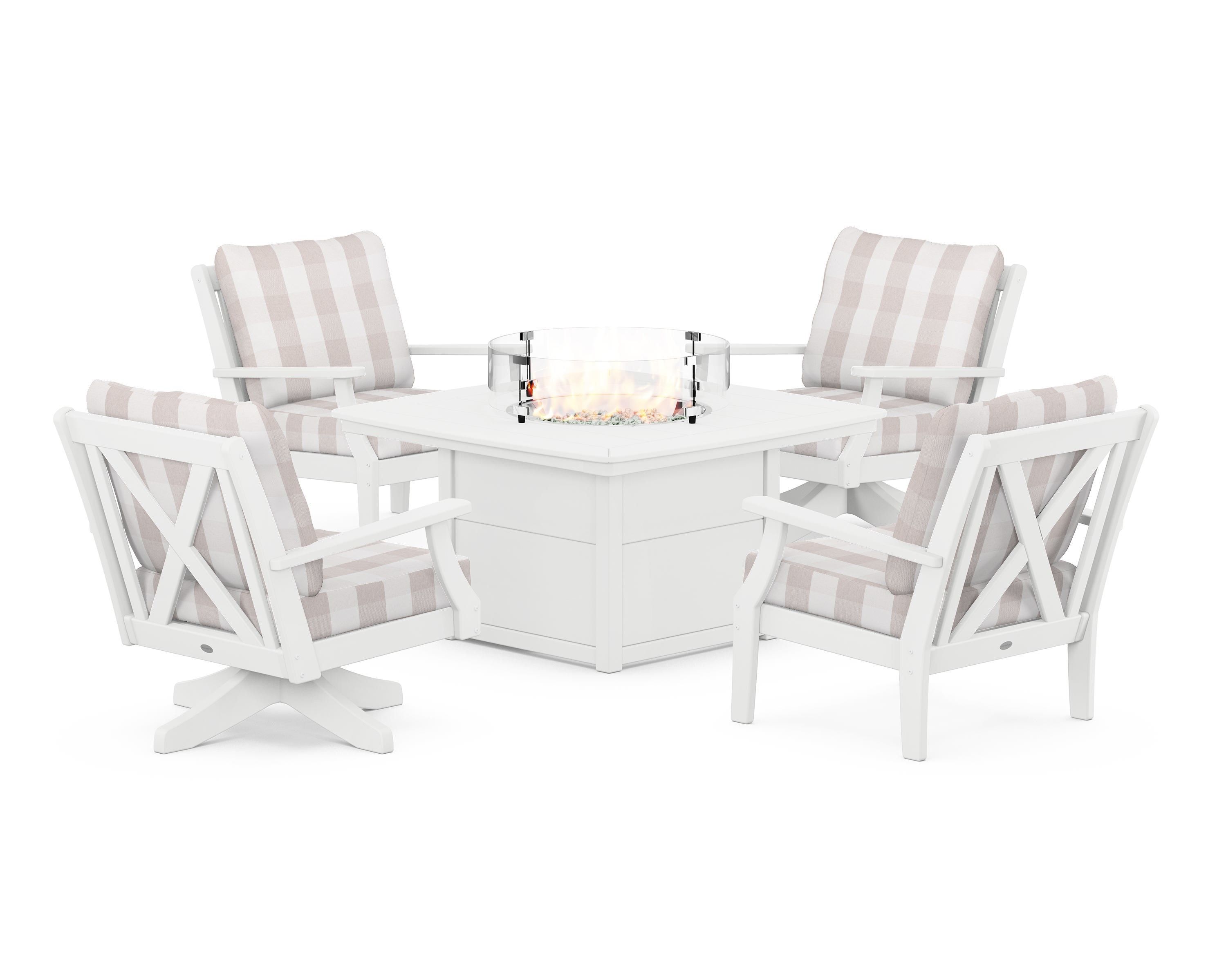 POLYWOOD® Braxton 5-Piece Deep Seating Set with Fire Table in White / Buffalo Plaid Dune Burlap