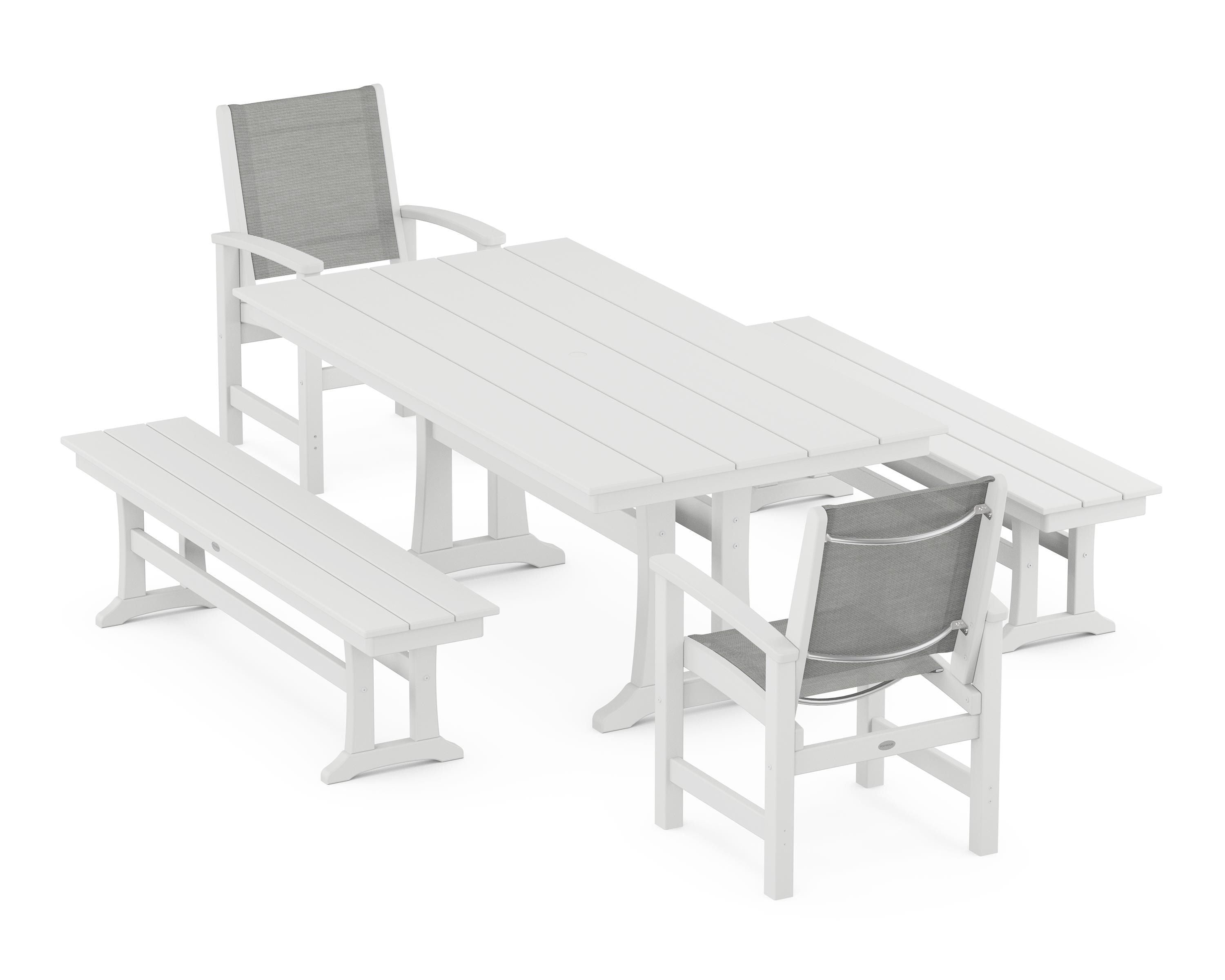 POLYWOOD® Coastal 5-Piece Farmhouse Dining Set with Trestle Legs and Benches in White / Metallic Sling