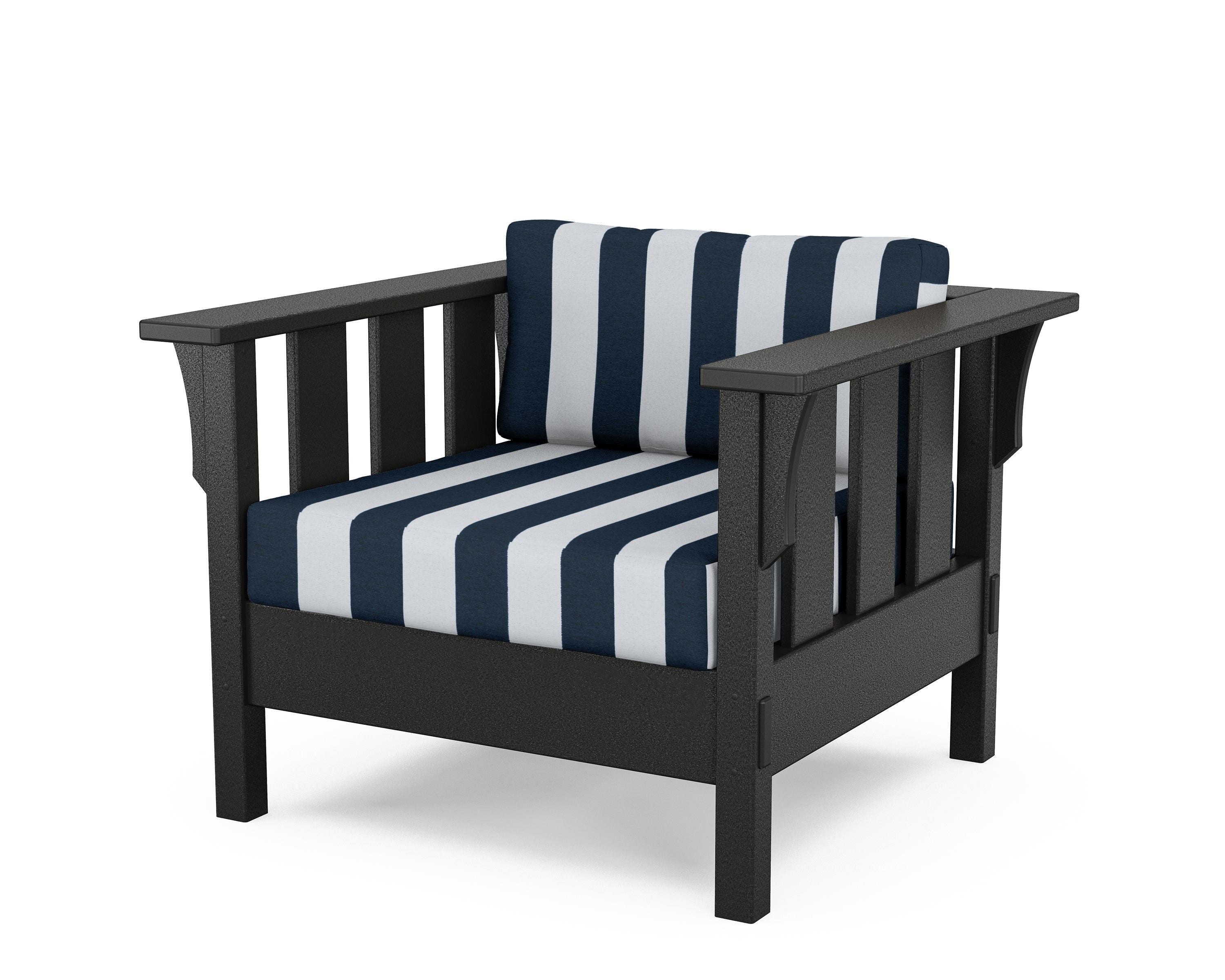 Martha Stewart by POLYWOOD® Acadia Deep Seating Chair in Black / Cabana Stripe Marine Indigo