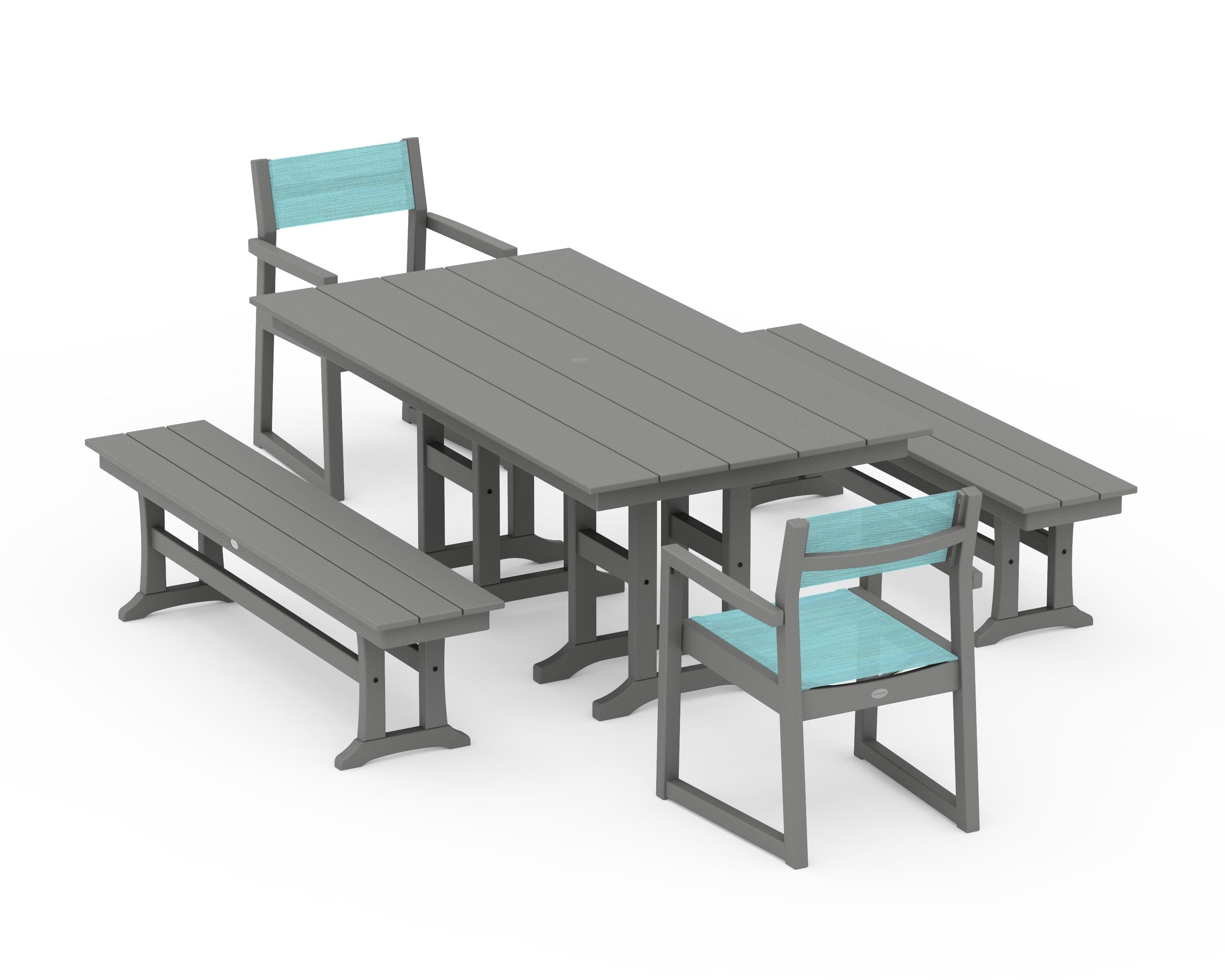 POLYWOOD® EDGE Sling Arm Chair 5-Piece Farmhouse Dining Set with Benches in Slate Grey / Dupioni Aquamarine Sling
