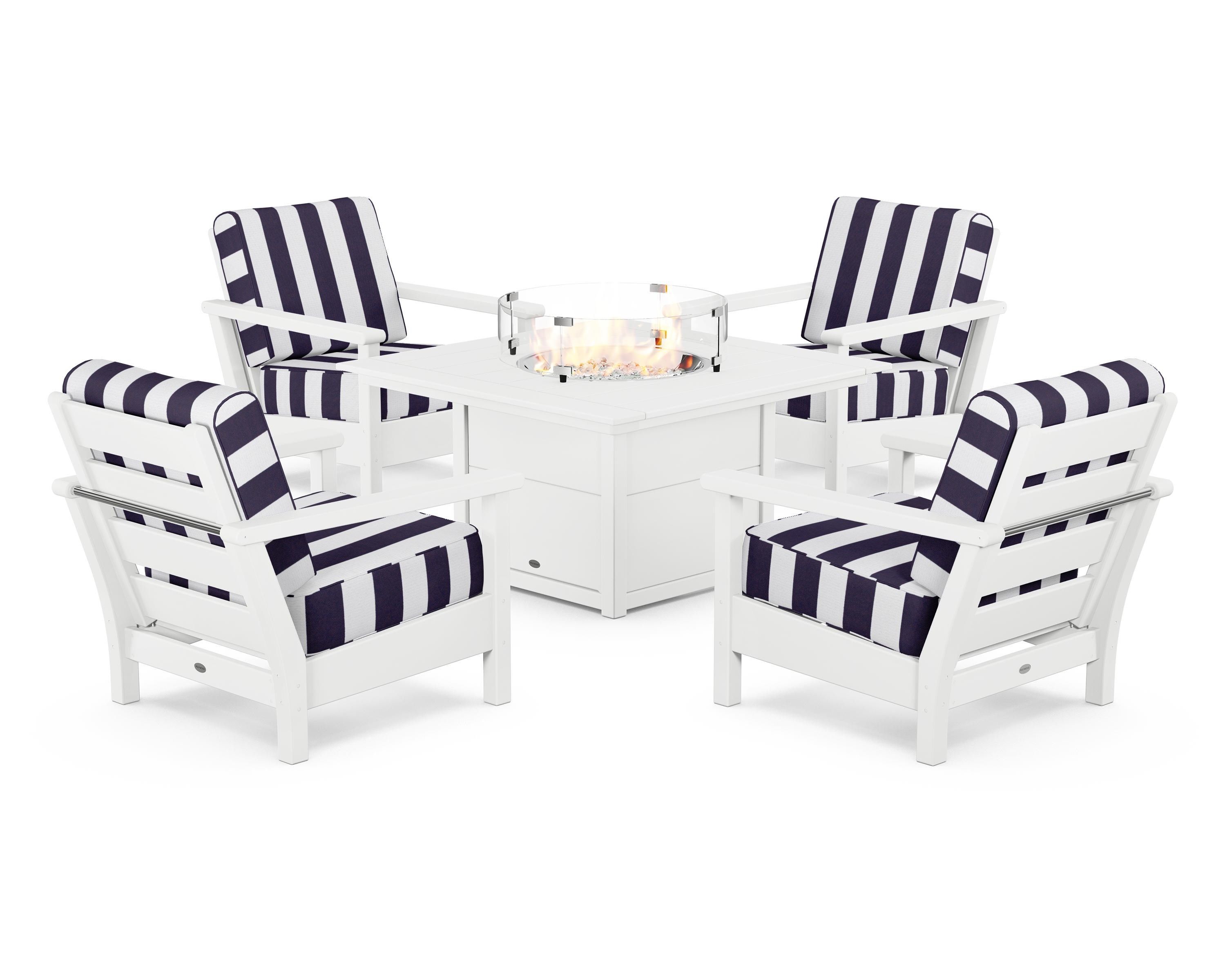 POLYWOOD® Harbour 5-Piece Conversation Set with Fire Pit Table in White / Cabana Stripe Navy