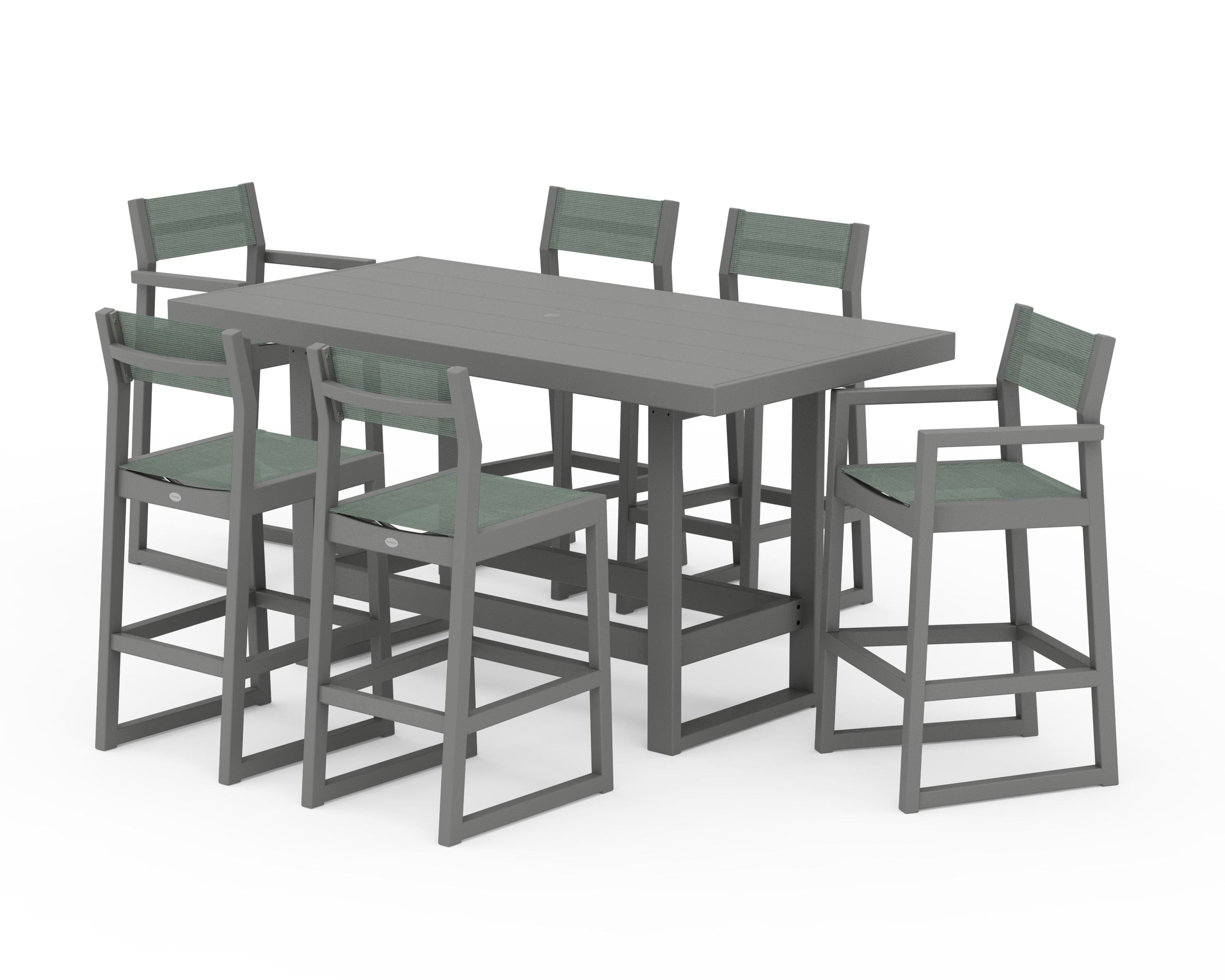 POLYWOOD® EDGE Sling 7-Piece Bar Table Set in Slate Grey / Dupioni Sea Mist Sling
