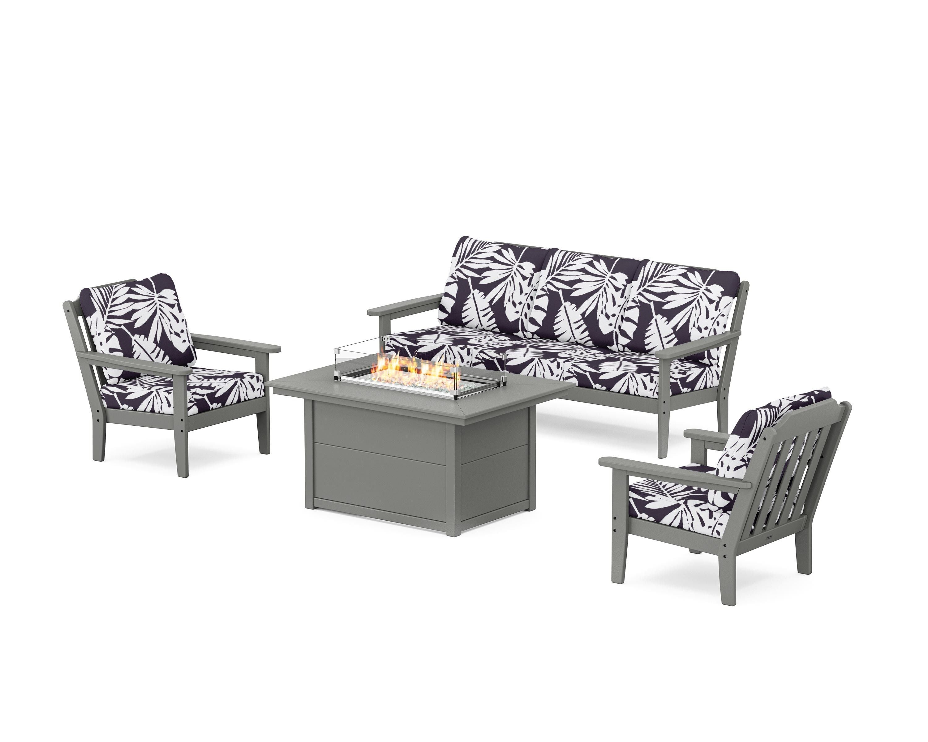 Country Living Cottage Deep Seating Fire Pit Table Set in Slate Grey / Leaf Navy